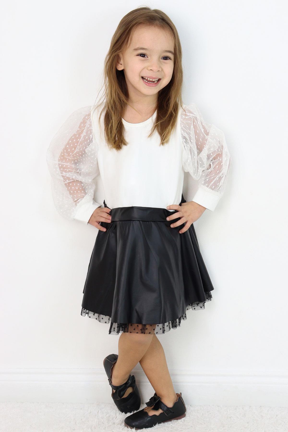 Breeze Kız Çocuk Uzun Kollu Elbise Etek Kısmı Deri Kolları Tül Detaylı Ekru (3-5 Yaş)