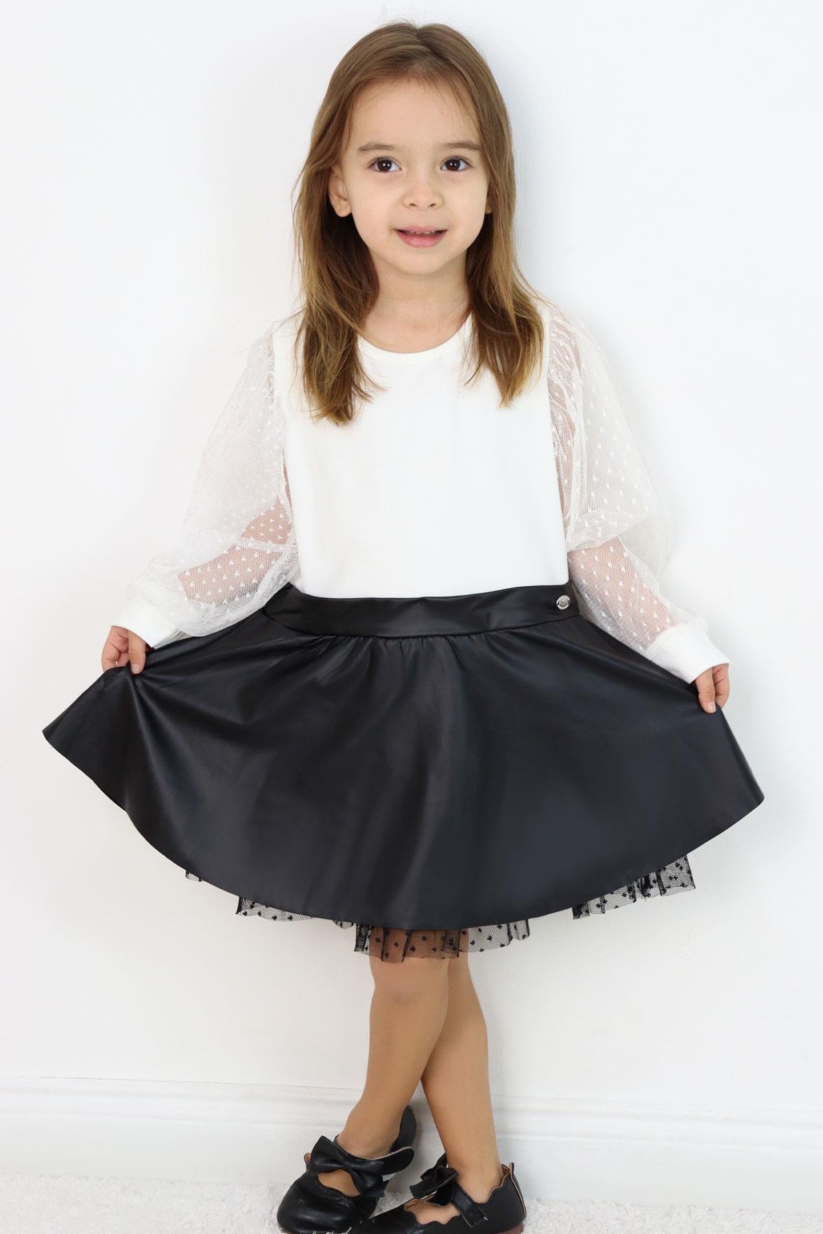 Breeze Kız Çocuk Uzun Kollu Elbise Etek Kısmı Deri Kolları Tül Detaylı Ekru (3-5 Yaş)