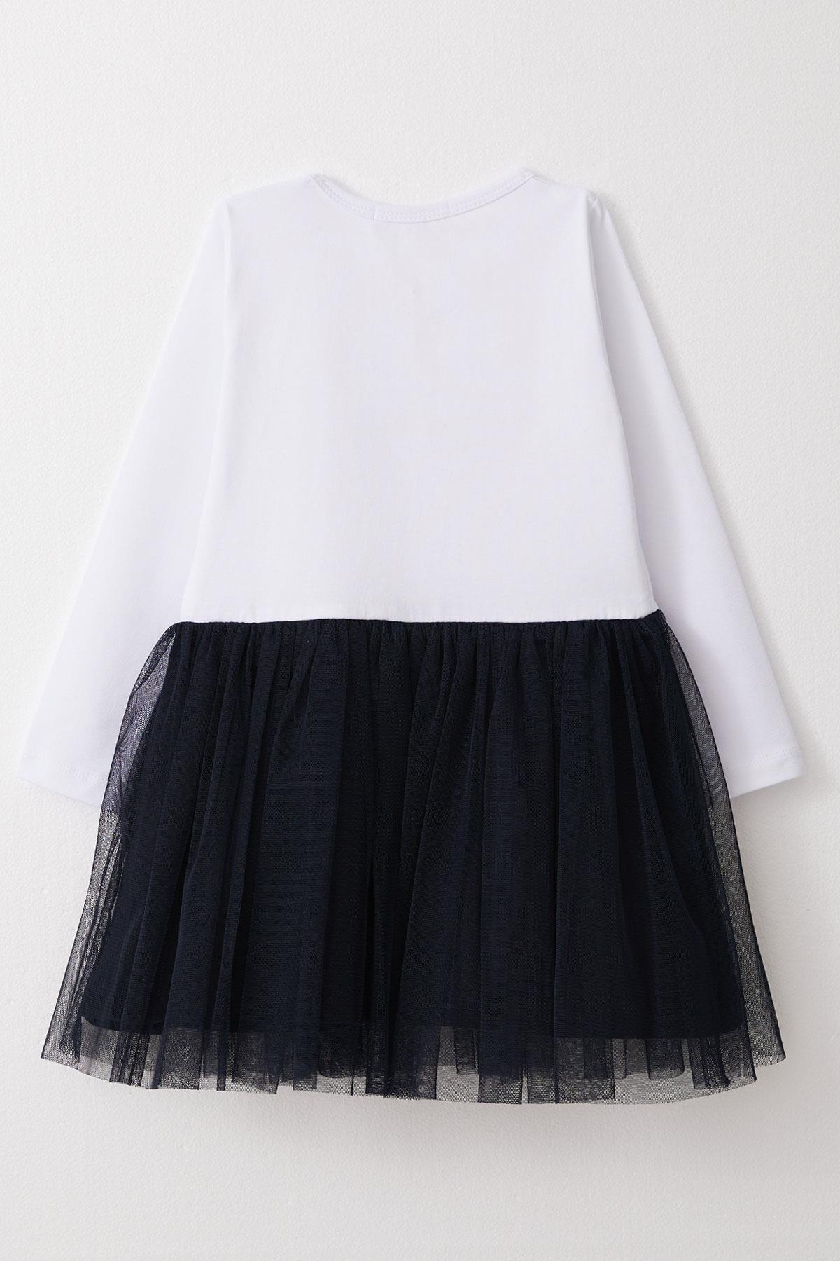 Breeze Kız Çocuk Uzun Kollu Elbise Fiyonklu Sevimli Baykuş Baskılı Beyaz (1.5-5 Yaş)