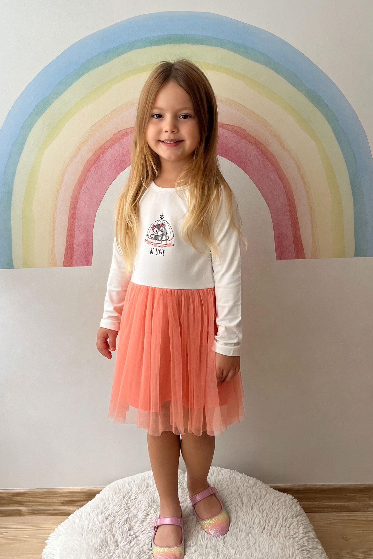 Breeze Kız Çocuk Uzun Kollu Elbise Fiyonklu Sevimli Baykuş Baskılı Ekru (1.5-5 Yaş)