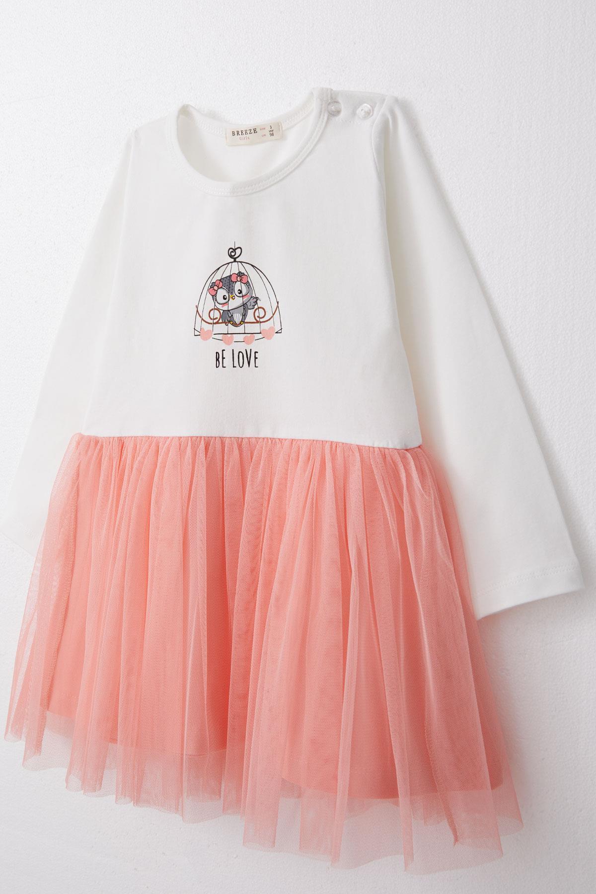 Breeze Kız Çocuk Uzun Kollu Elbise Fiyonklu Sevimli Baykuş Baskılı Ekru (1.5-5 Yaş)