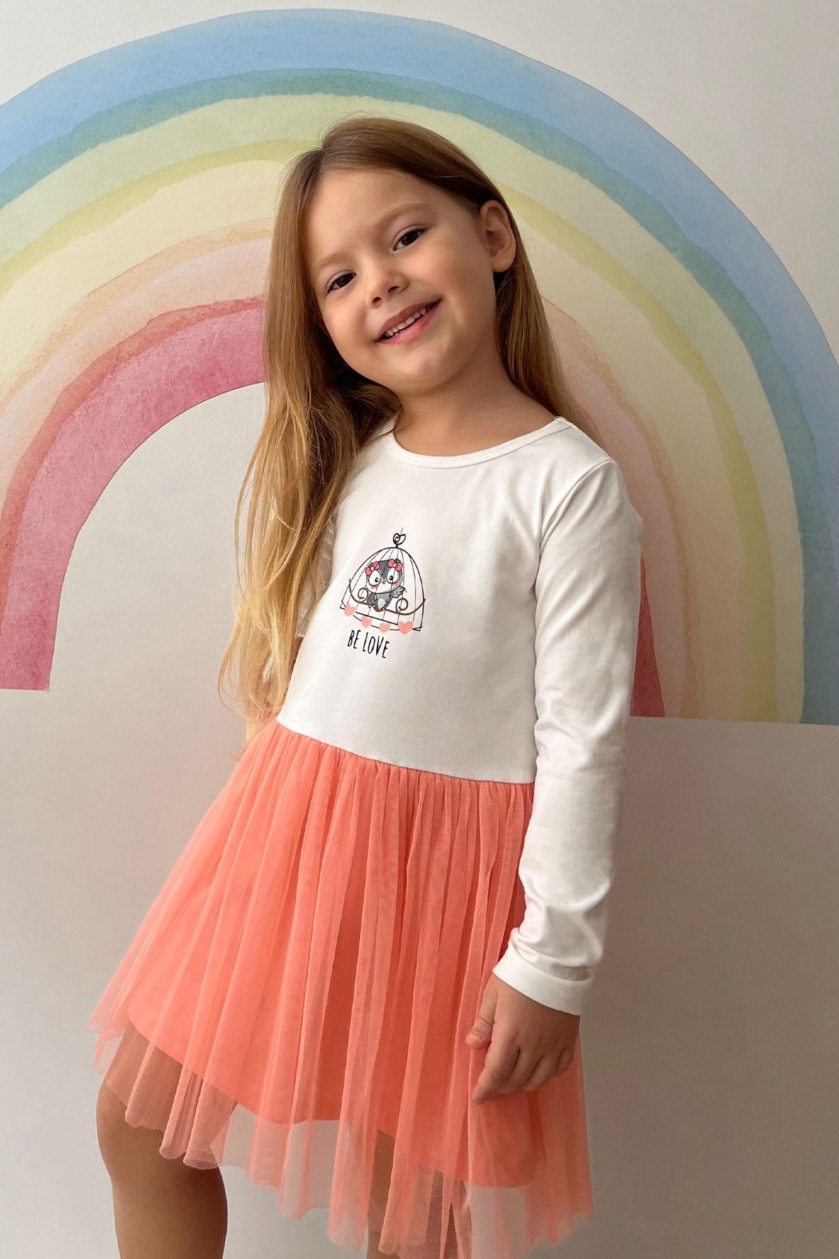 Breeze Kız Çocuk Uzun Kollu Elbise Fiyonklu Sevimli Baykuş Baskılı Ekru (1.5-5 Yaş)