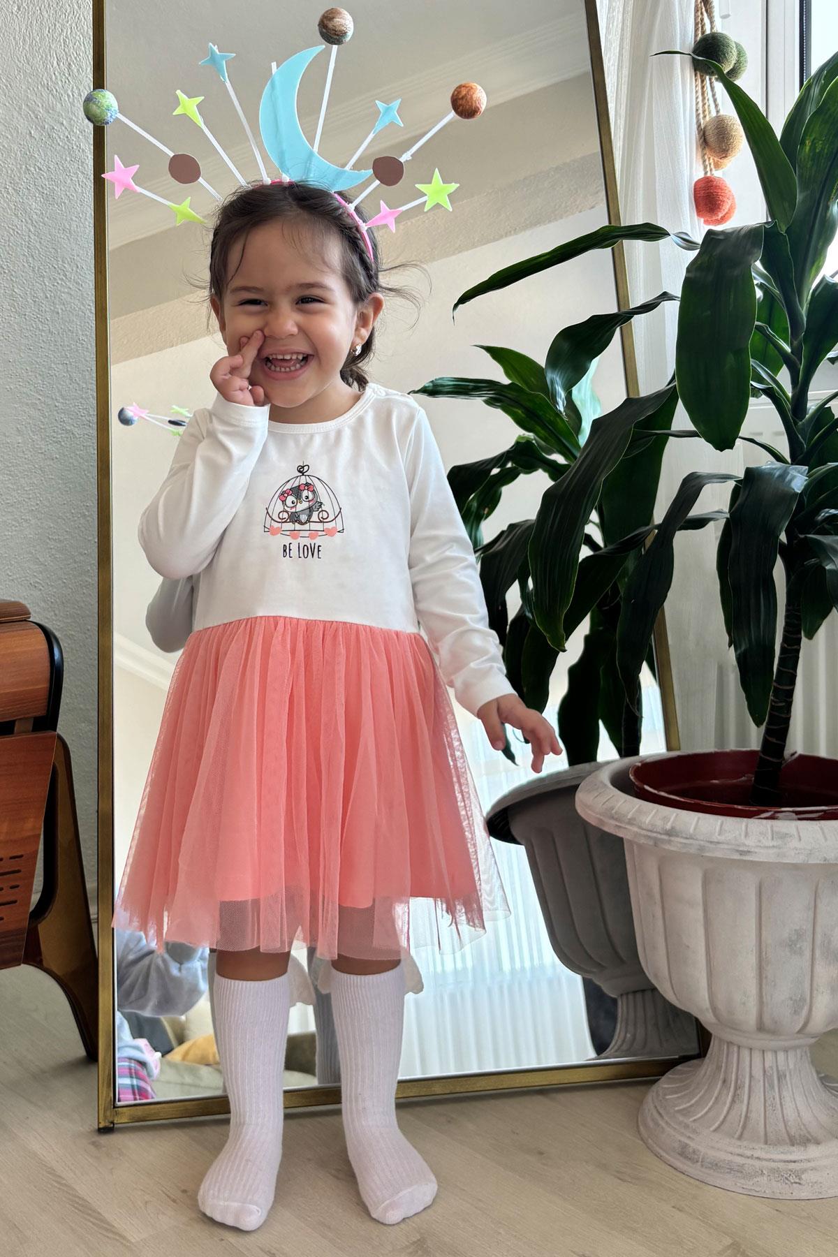 Breeze Kız Çocuk Uzun Kollu Elbise Fiyonklu Sevimli Baykuş Baskılı Ekru (1.5-5 Yaş)