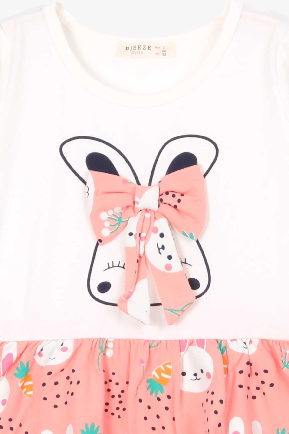 Breeze Kız Çocuk Uzun Kollu Elbise Fiyonklu Tavşan Desenli Ekru (2-6 Yaş)