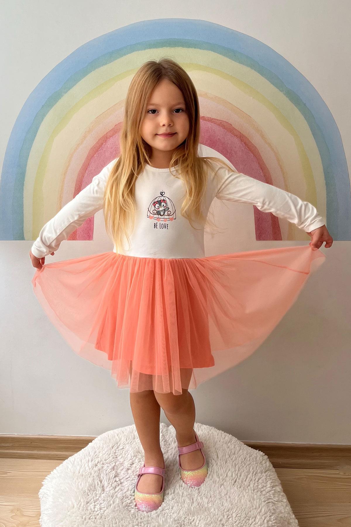 Breeze Kız Çocuk Uzun Kollu Elbise Fiyonklu Sevimli Baykuş Baskılı Ekru (1.5-5 Yaş)