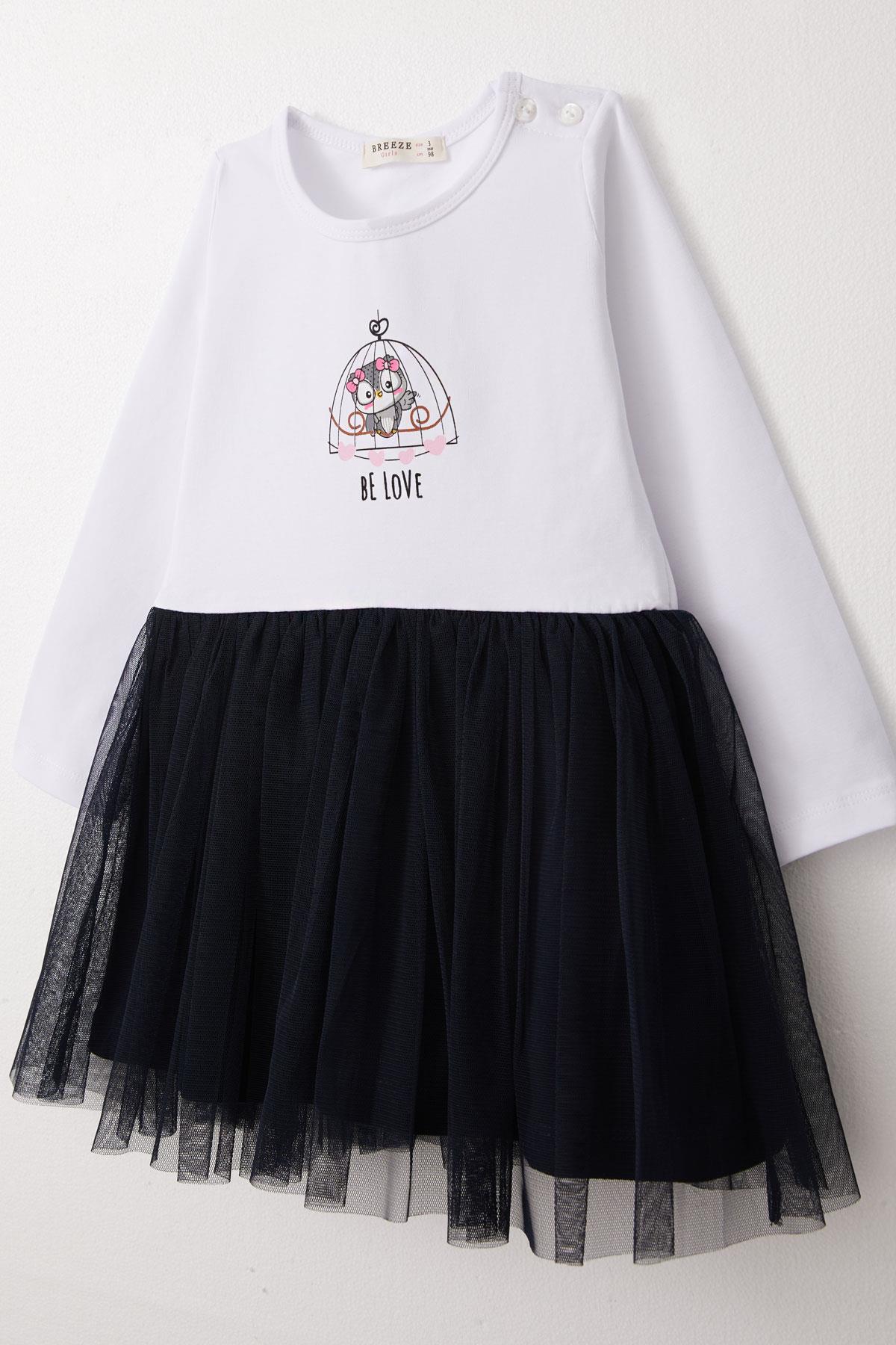 Breeze Kız Çocuk Uzun Kollu Elbise Fiyonklu Sevimli Baykuş Baskılı Beyaz (1.5-5 Yaş)