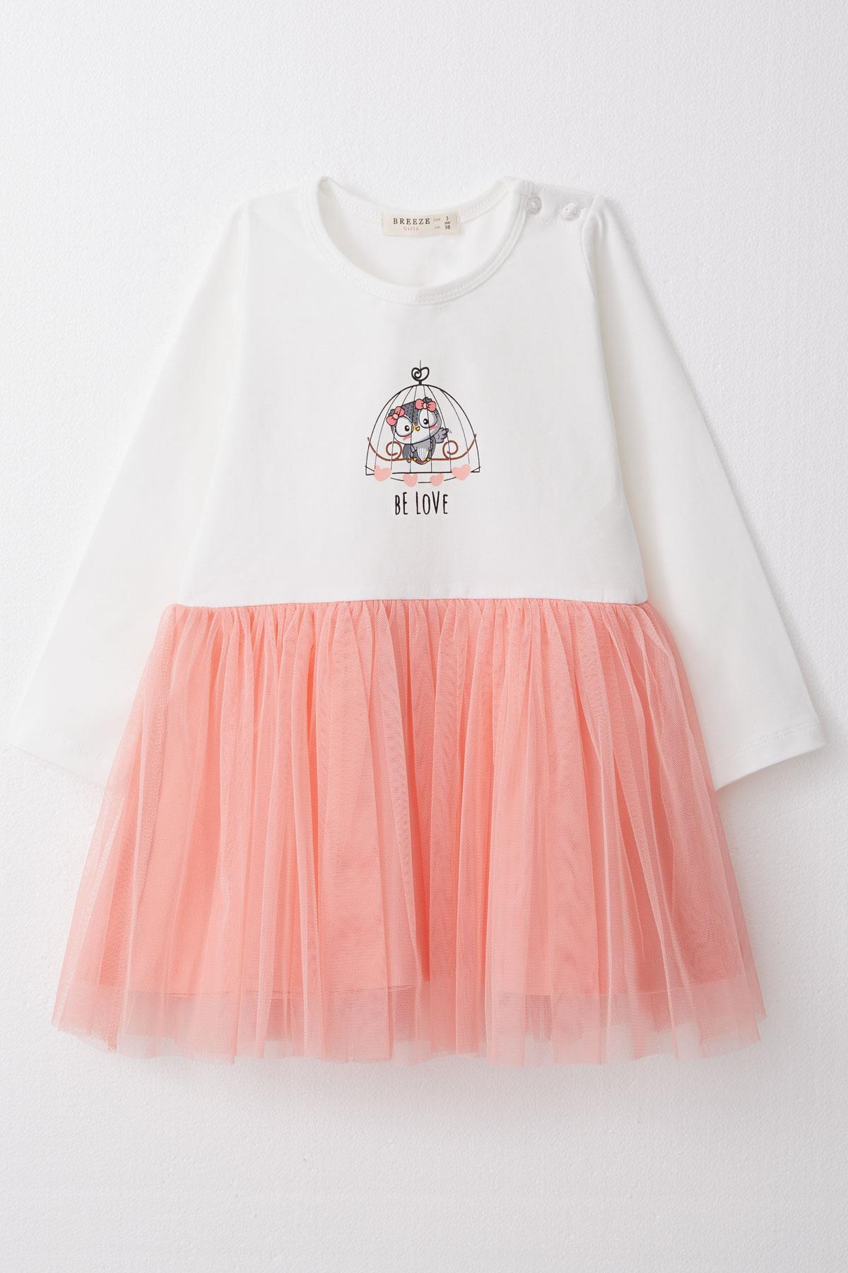 Breeze Kız Çocuk Uzun Kollu Elbise Fiyonklu Sevimli Baykuş Baskılı Ekru (1.5-5 Yaş)