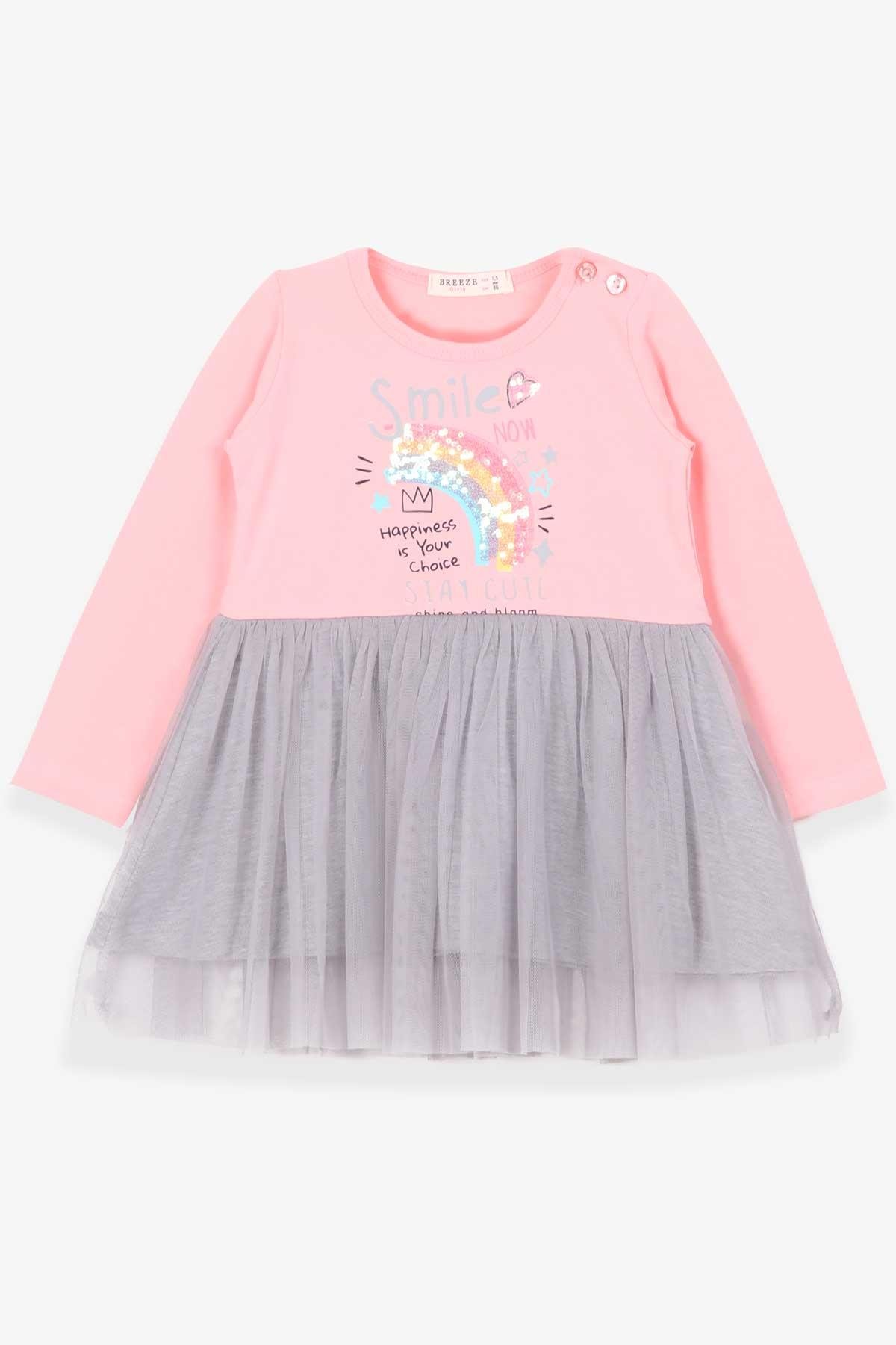 Breeze Kız Çocuk Uzun Kollu Elbise Gökkuşağı Baskılı Pudra (1.5-4 Yaş)