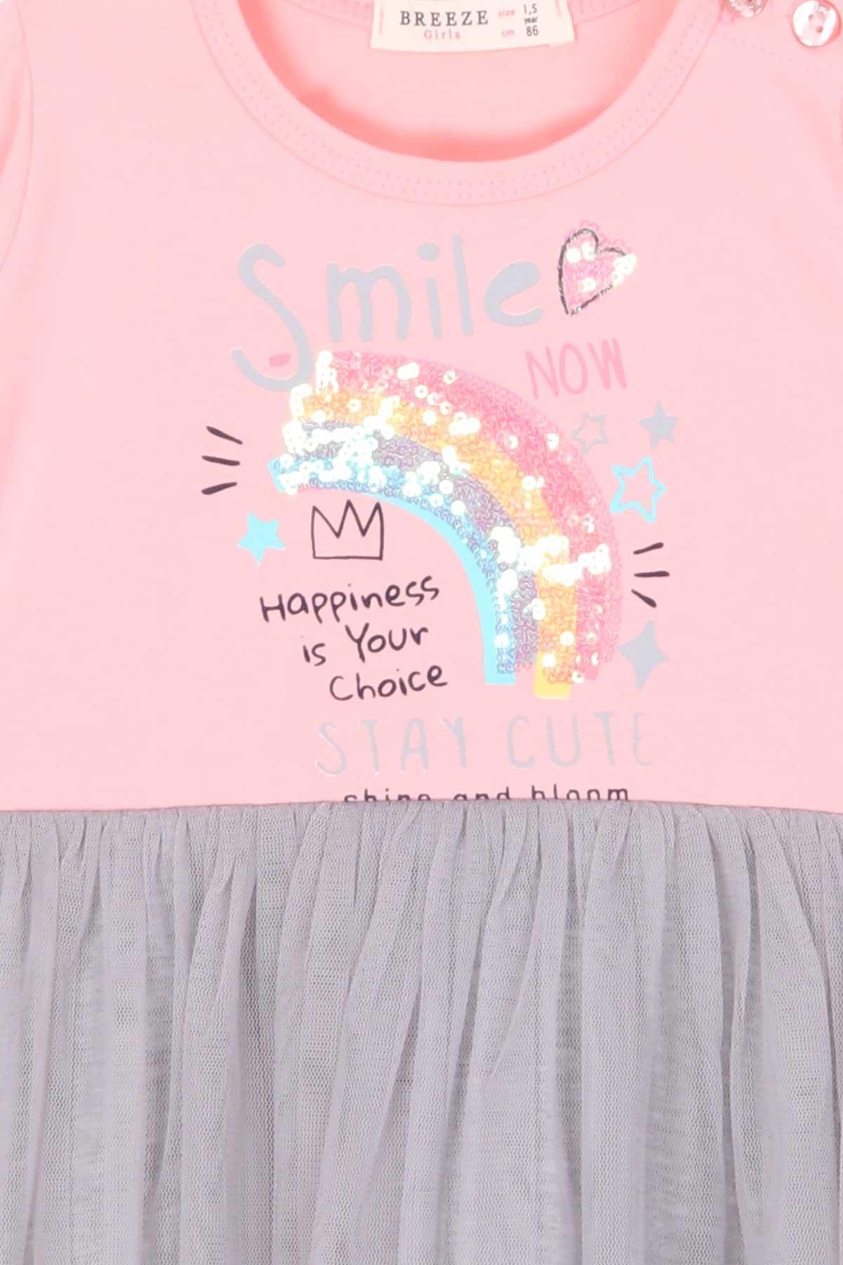 Breeze Kız Çocuk Uzun Kollu Elbise Gökkuşağı Baskılı Pudra (1.5-4 Yaş)