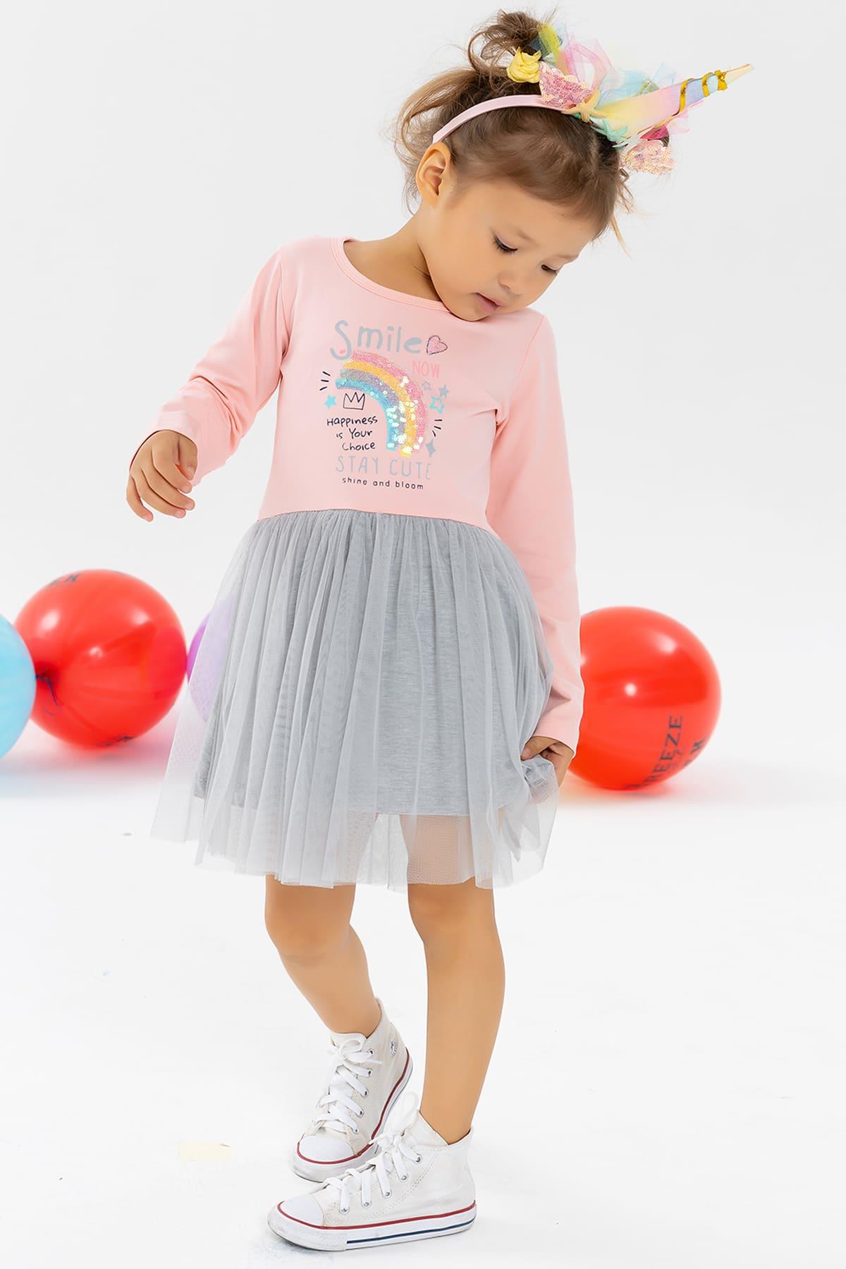 Breeze Kız Çocuk Uzun Kollu Elbise Gökkuşağı Baskılı Pudra (1.5-4 Yaş)