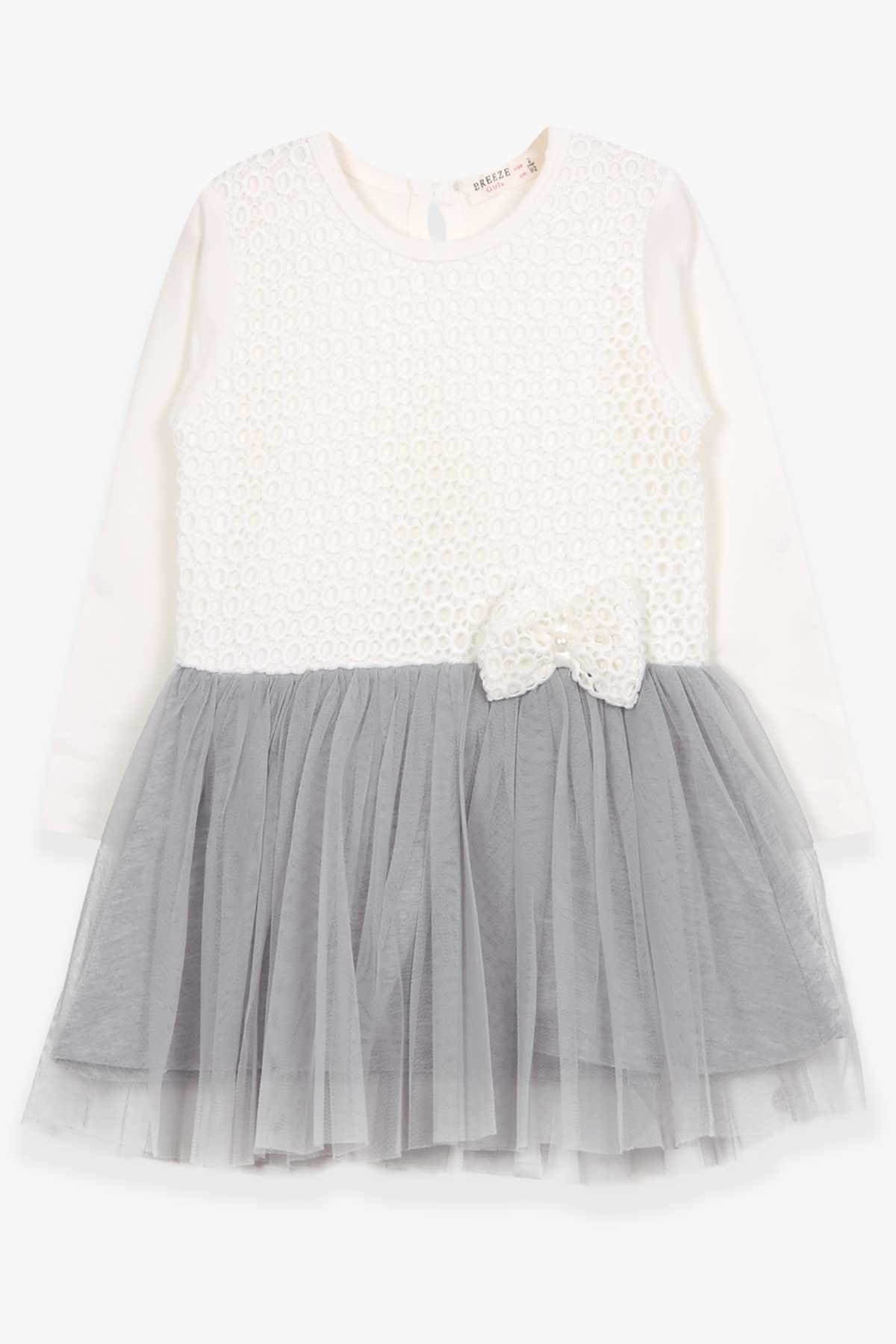 Breeze Kız Çocuk Uzun Kollu Elbise Güpürlü Fiyonklu Ekru (2-6 Yaş)