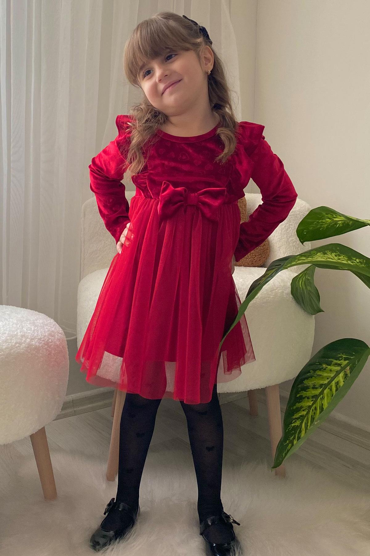 Breeze Kız Çocuk Uzun Kollu Elbise Kadife Kalp Desenli Fiyonklu Kırmızı (7 Yaş)