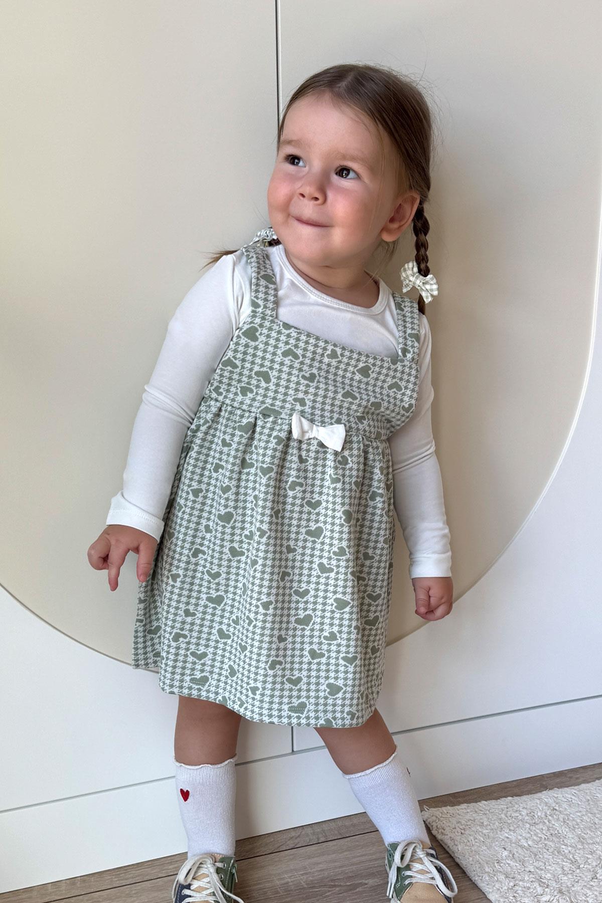 Breeze Kız Çocuk Uzun Kollu Elbise Kalp & Kazayağı Desenli Mint Yeşili (1.5-4 Yaş)