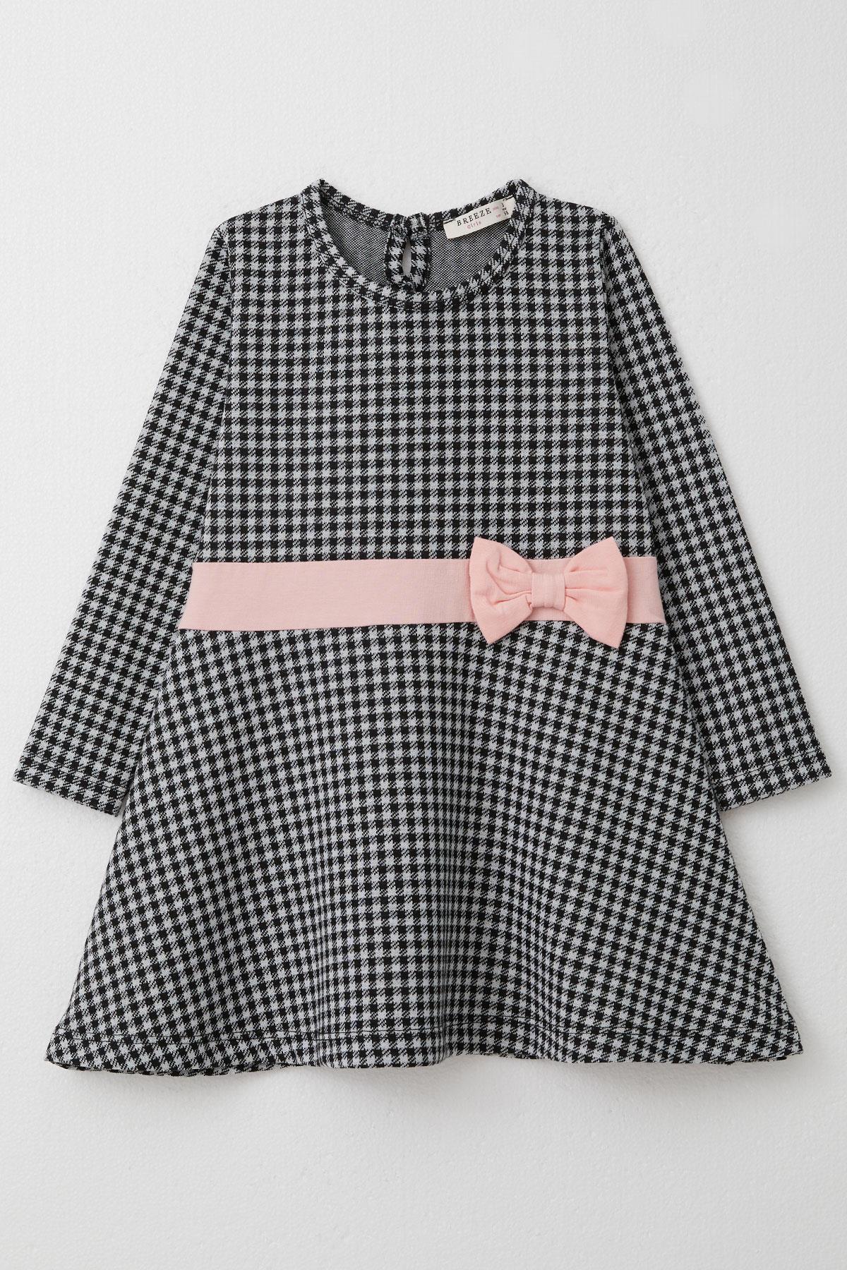 Breeze Kız Çocuk Uzun Kollu Elbise Kaz Ayağı Desenli Fiyonklu Siyah (3-8 Yaş)