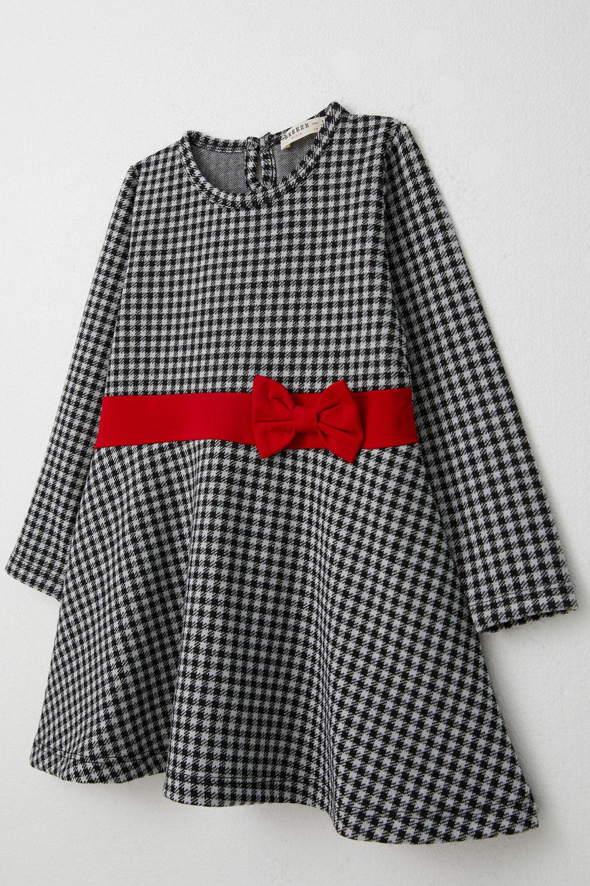 Breeze Kız Çocuk Uzun Kollu Elbise Kaz Ayağı Desenli Fiyonklu Siyah (3-8 Yaş)