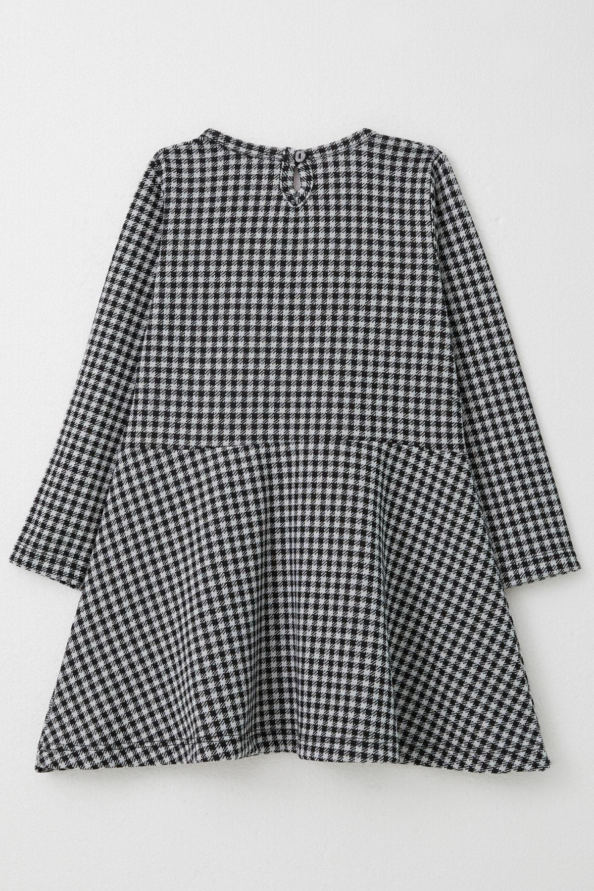 Breeze Kız Çocuk Uzun Kollu Elbise Kaz Ayağı Desenli Fiyonklu Siyah (3-8 Yaş)