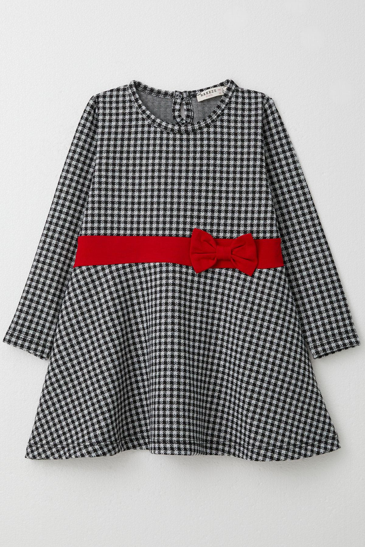 Breeze Kız Çocuk Uzun Kollu Elbise Kaz Ayağı Desenli Fiyonklu Siyah (3-8 Yaş)