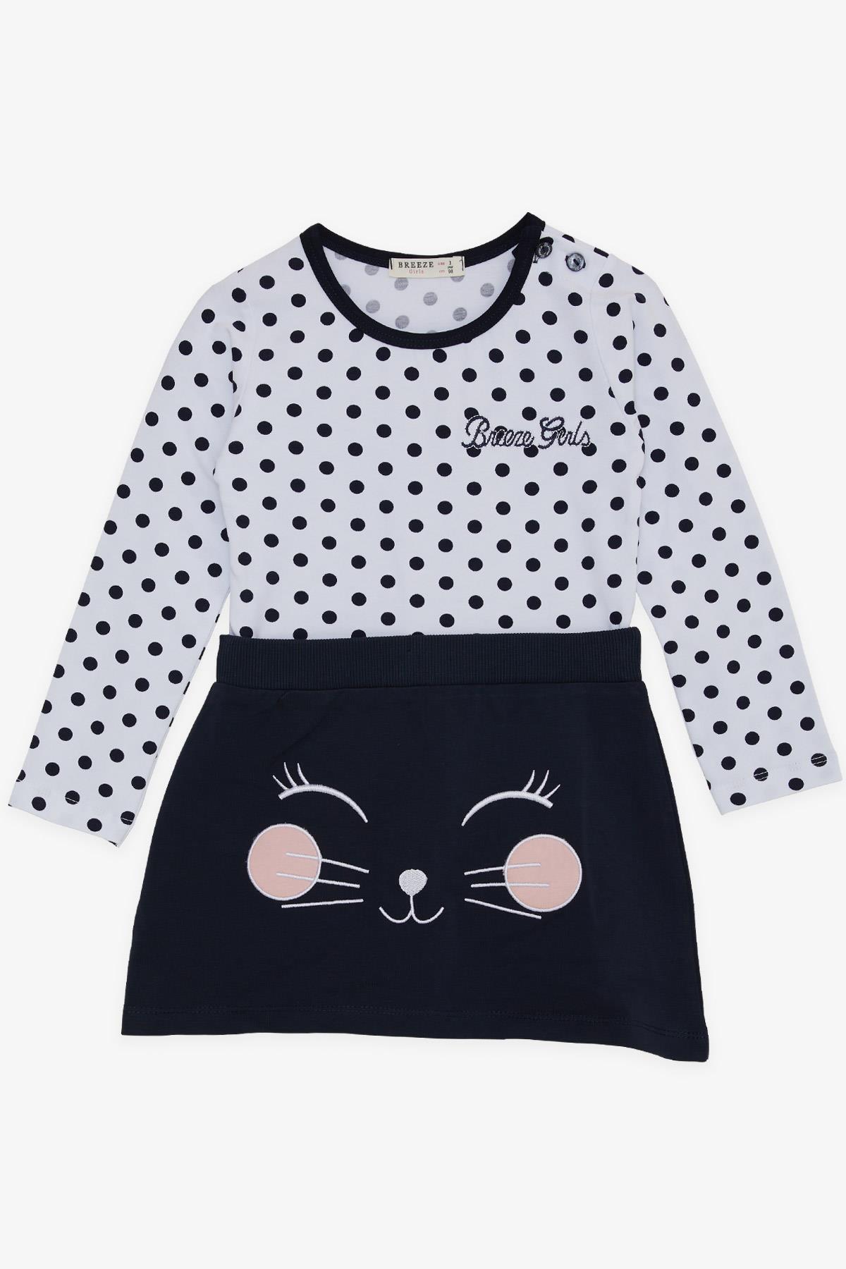 Breeze Kız Çocuk Uzun Kollu Elbise Kedicik Nakışlı Puantiyeli Beyaz (2-6 Yaş)