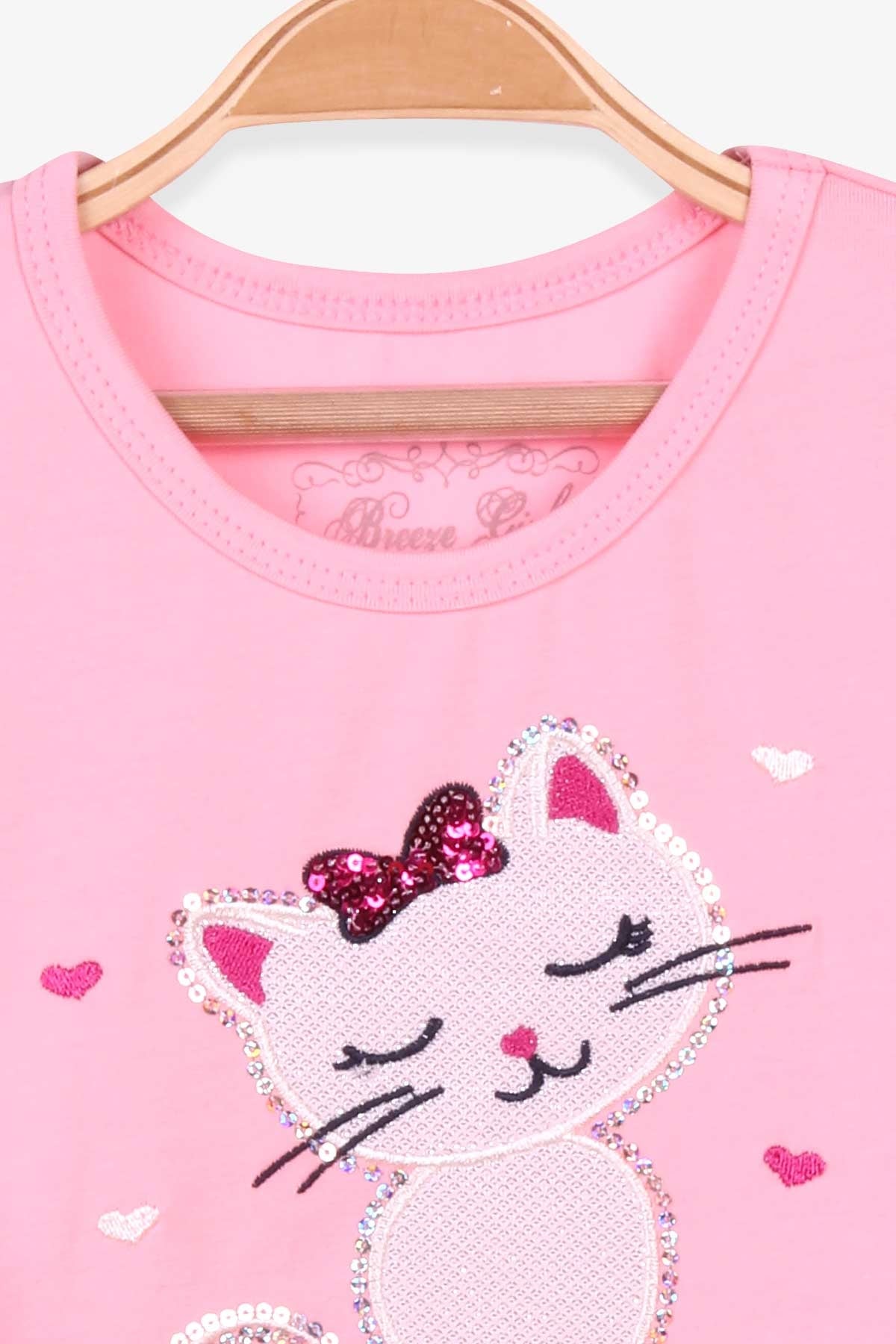 Breeze Kız Çocuk Uzun Kollu Elbise Kedi Nakışlı Pudra (4-9 Yaş)