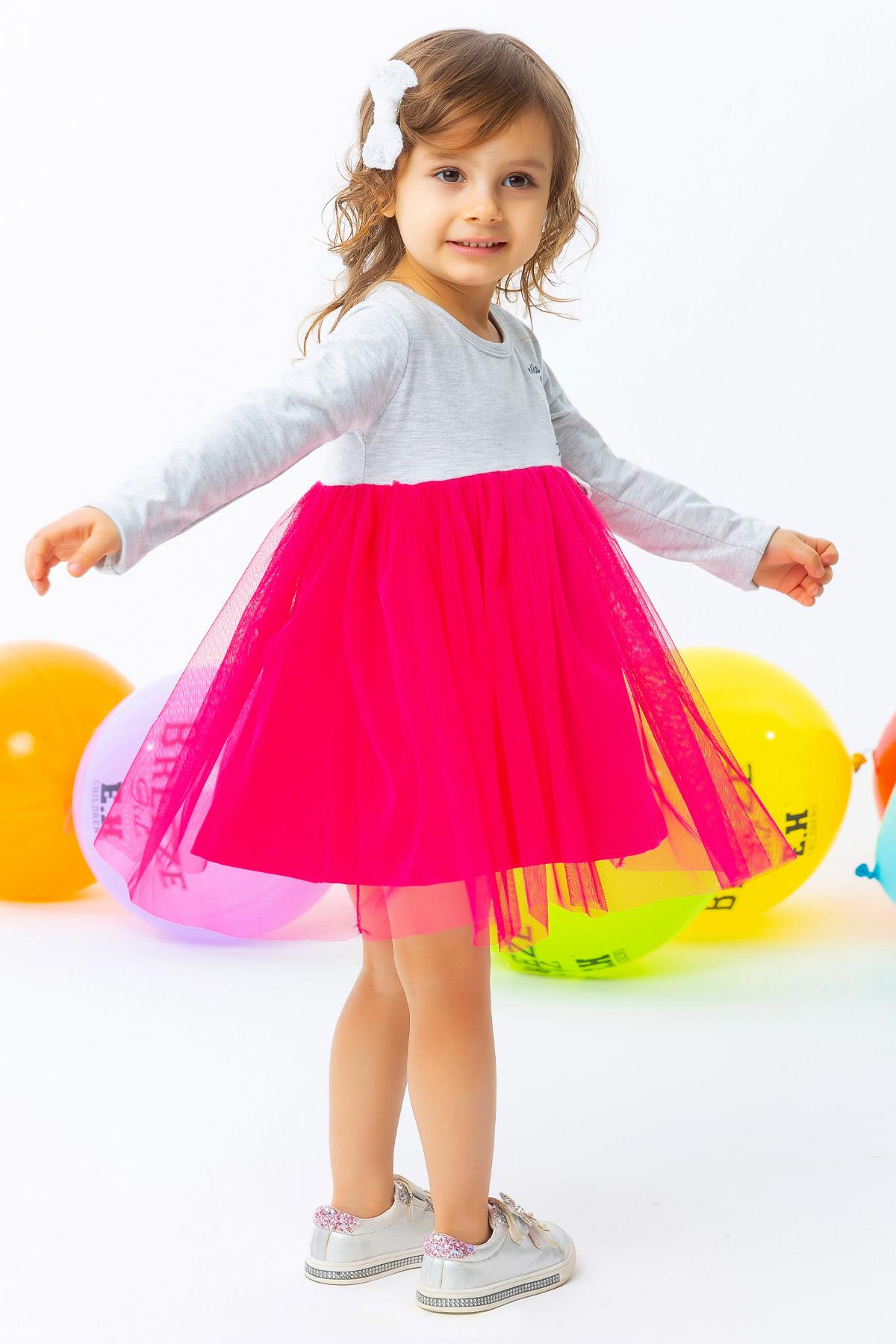 Breeze Kız Çocuk Uzun Kollu Elbise Kedicik Nakışlı Gri Melanj (1.5-5 Yaş)