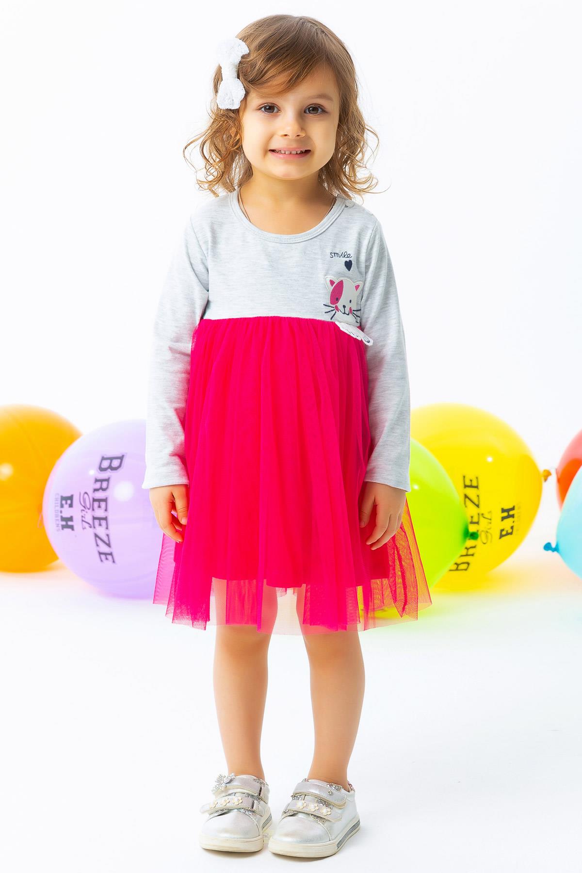 Breeze Kız Çocuk Uzun Kollu Elbise Kedicik Nakışlı Gri Melanj (1.5-5 Yaş)