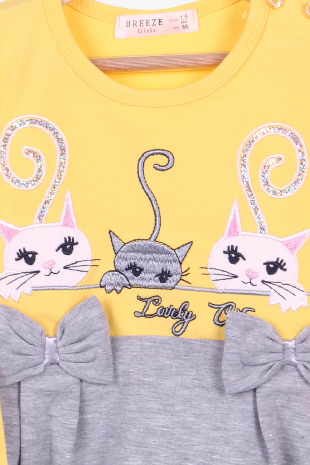 Breeze Kız Çocuk Uzun Kollu Elbise Kedi Nakışlı Sarı (1.5-5 Yaş)