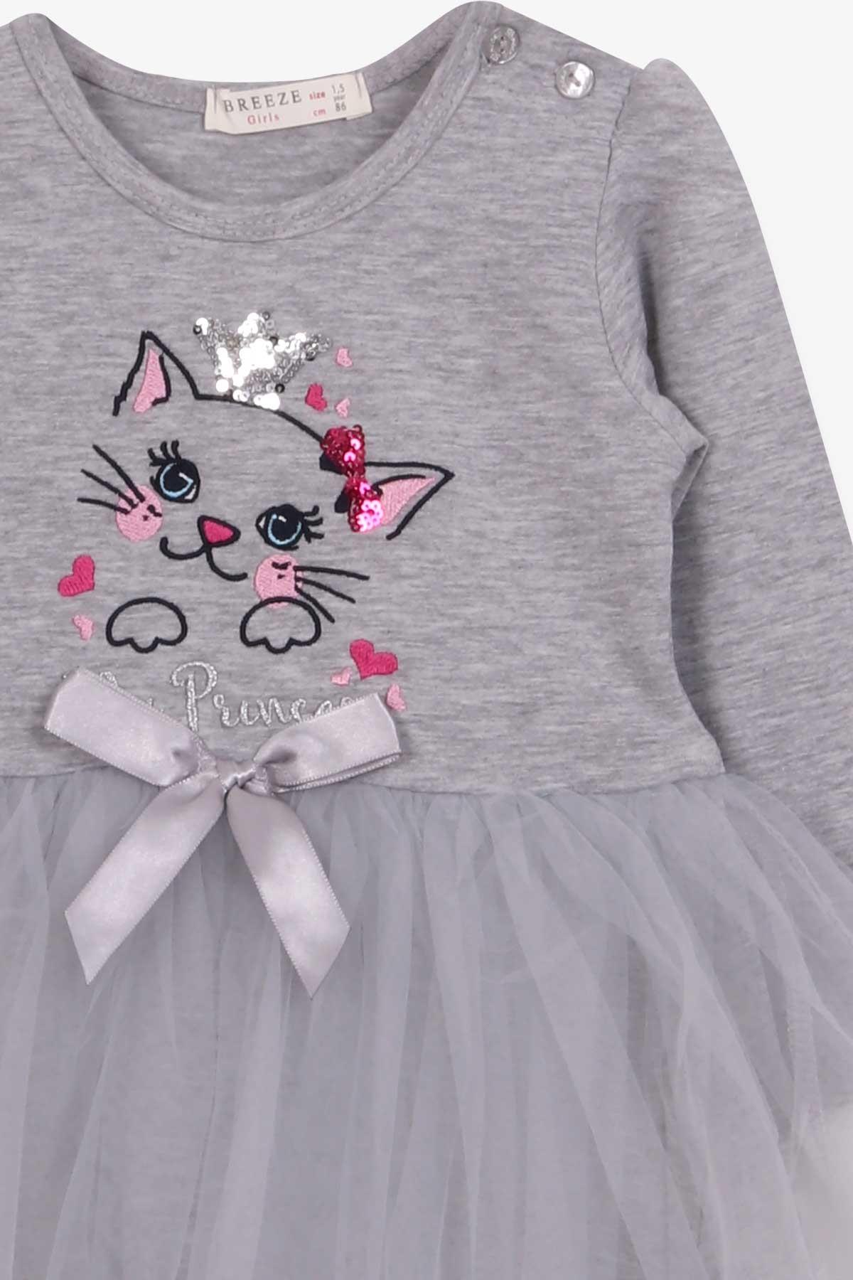 Breeze Kız Çocuk Uzun Kollu Elbise Kedicik Nakışlı Pullu Gri Melanj (1.5-5 Yaş)