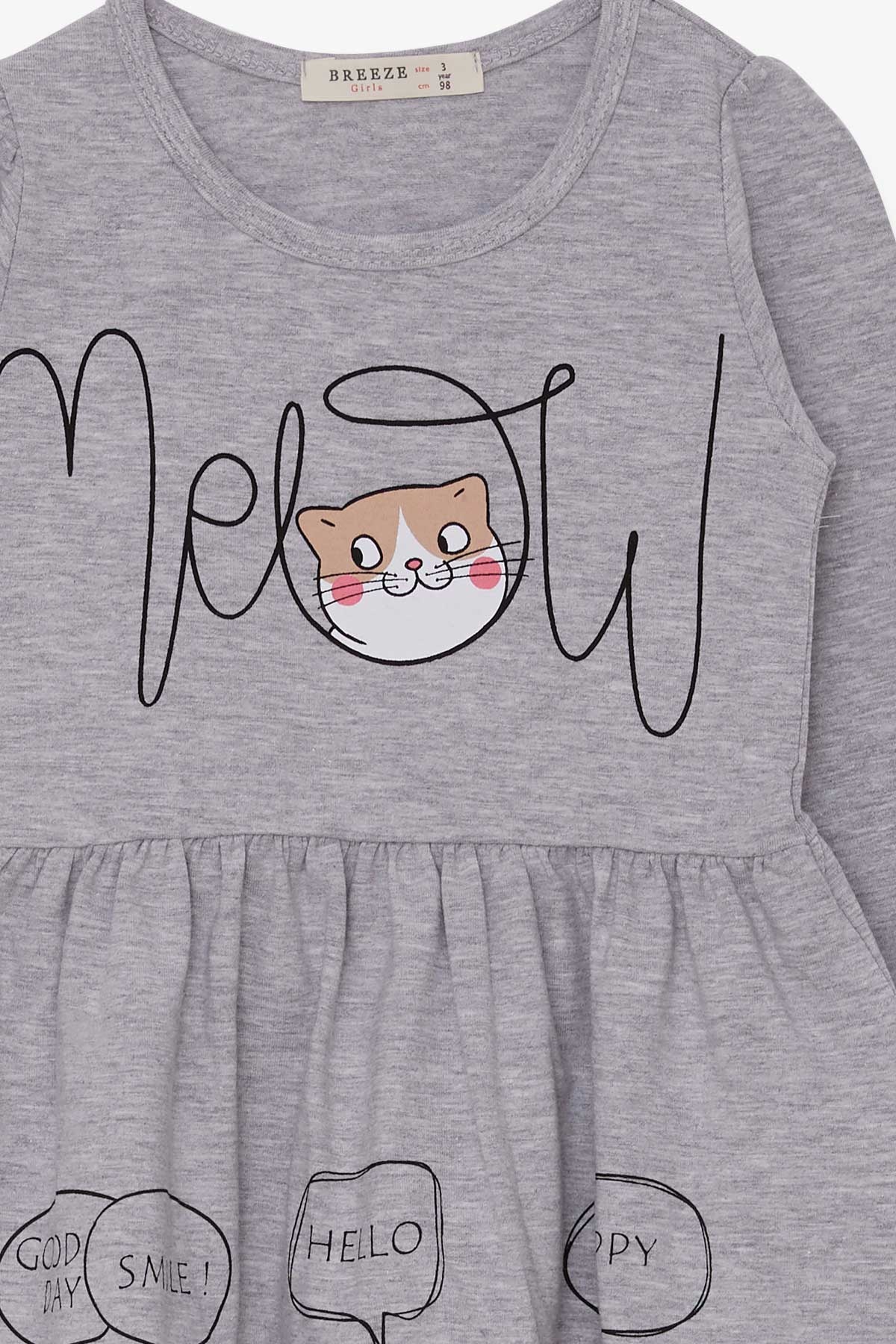 Breeze Kız Çocuk Uzun Kollu Elbise Kedicik Desenli Gri Melanj (3-7 Yaş)