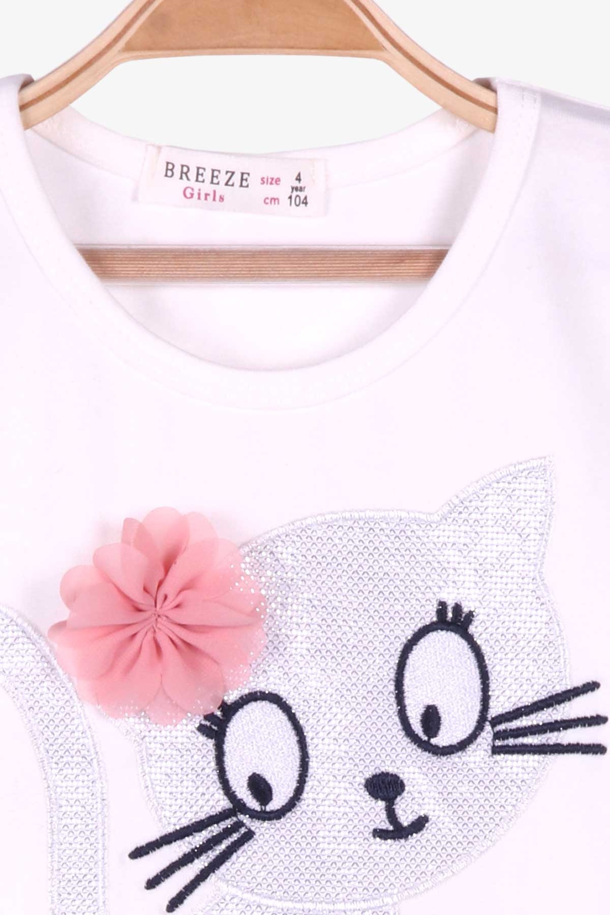 Breeze Kız Çocuk Uzun Kollu Elbise Kedi Nakışlı Tüllü Ekru (4-9 Yaş)