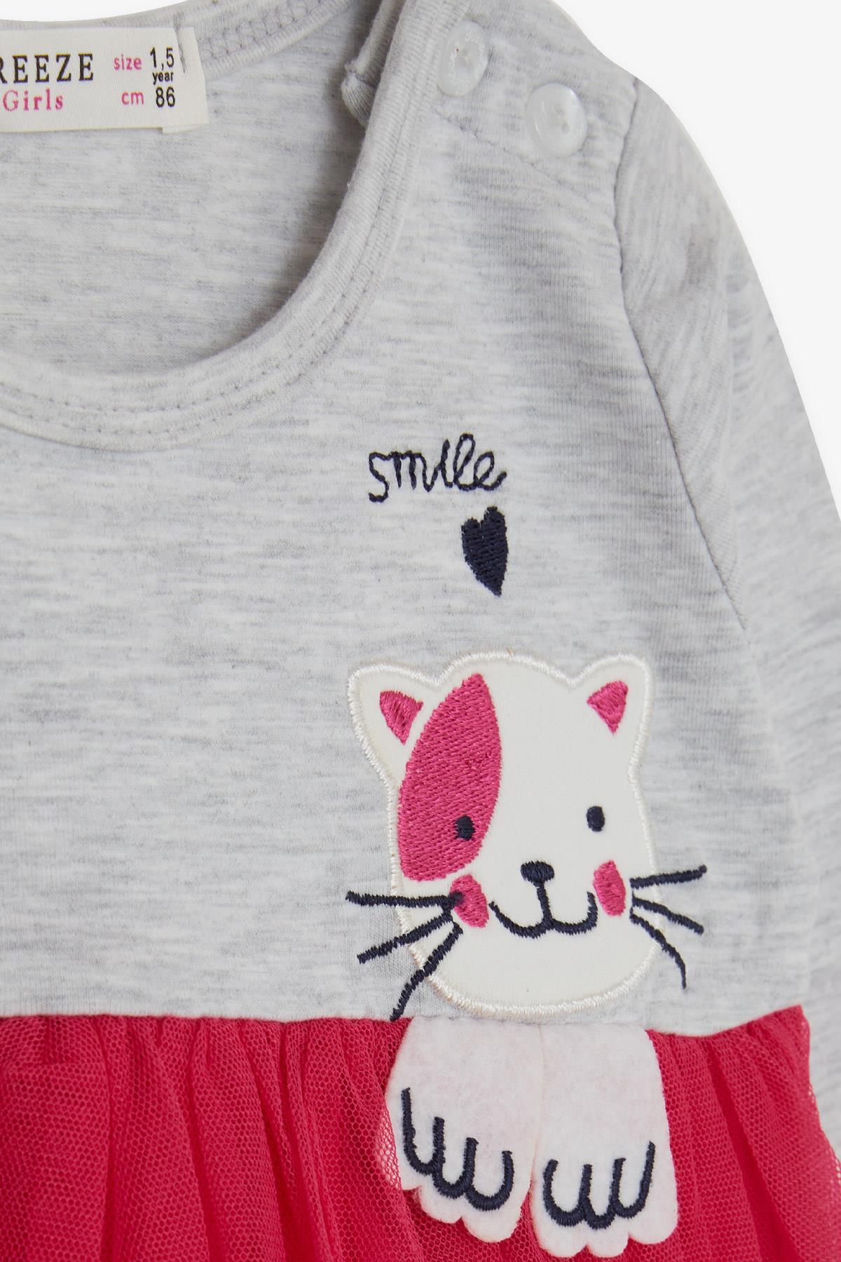 Breeze Kız Çocuk Uzun Kollu Elbise Kedicik Nakışlı Gri Melanj (1.5-5 Yaş)