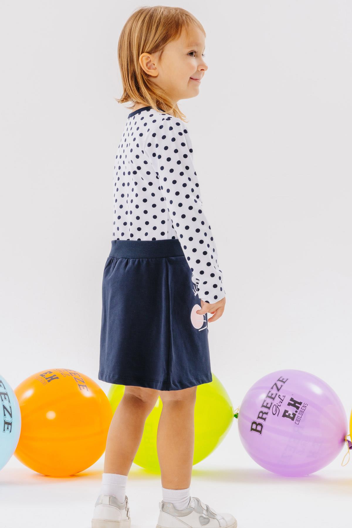 Breeze Kız Çocuk Uzun Kollu Elbise Kedicik Nakışlı Puantiyeli Beyaz (2-6 Yaş)