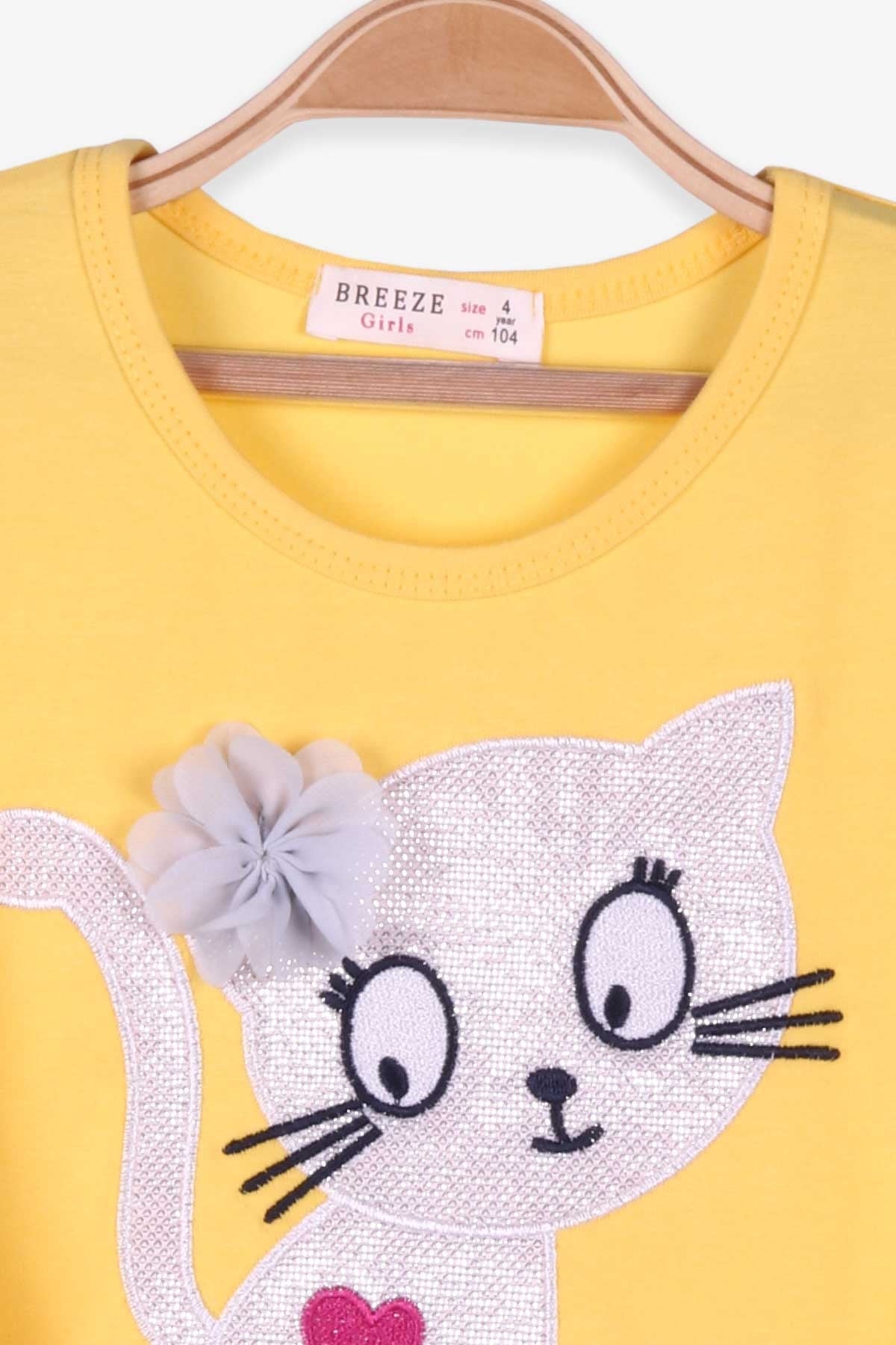 Breeze Kız Çocuk Uzun Kollu Elbise Kedi Nakışlı Tüllü Sarı (4-9 Yaş)