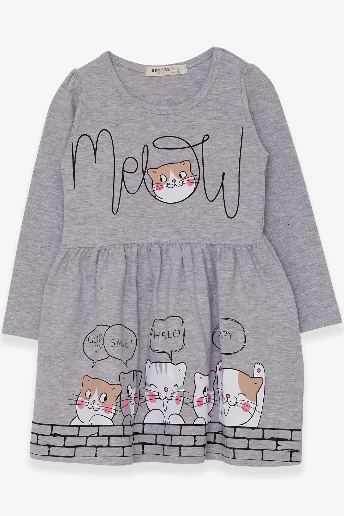 Breeze Kız Çocuk Uzun Kollu Elbise Kedicik Desenli Gri Melanj (3-7 Yaş)