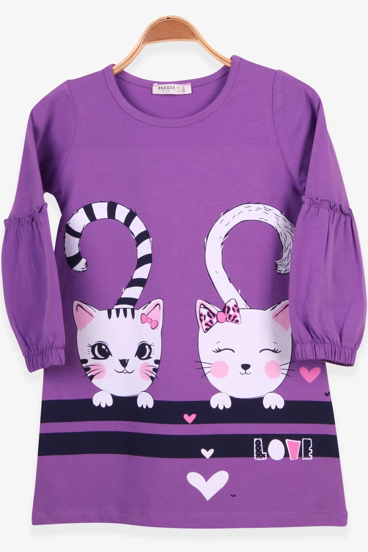 Breeze Kız Çocuk Uzun Kollu Elbise Kedi Baskılı Mor (4-8 Yaş)