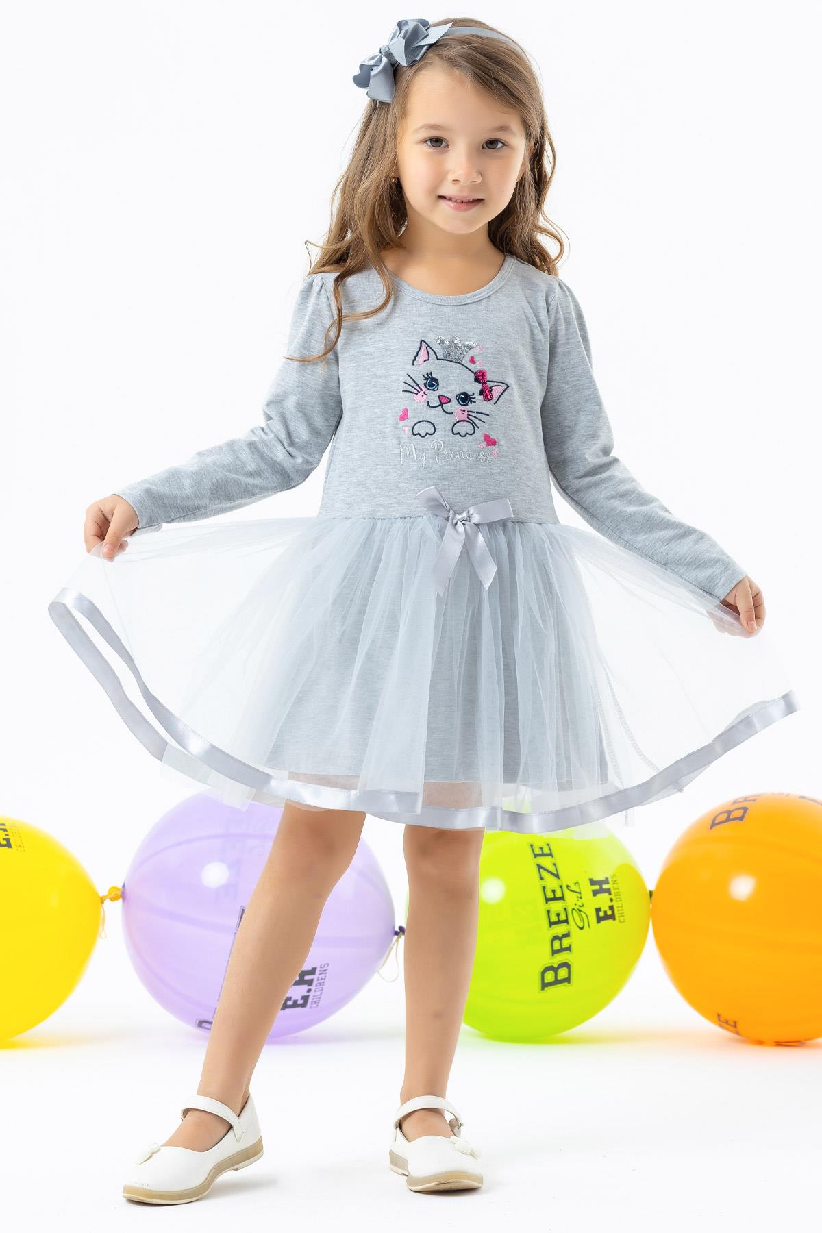 Breeze Kız Çocuk Uzun Kollu Elbise Kedicik Nakışlı Pullu Gri Melanj (1.5-5 Yaş)