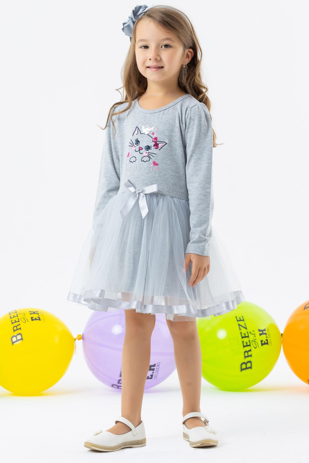 Breeze Kız Çocuk Uzun Kollu Elbise Kedicik Nakışlı Pullu Gri Melanj (1.5-5 Yaş)