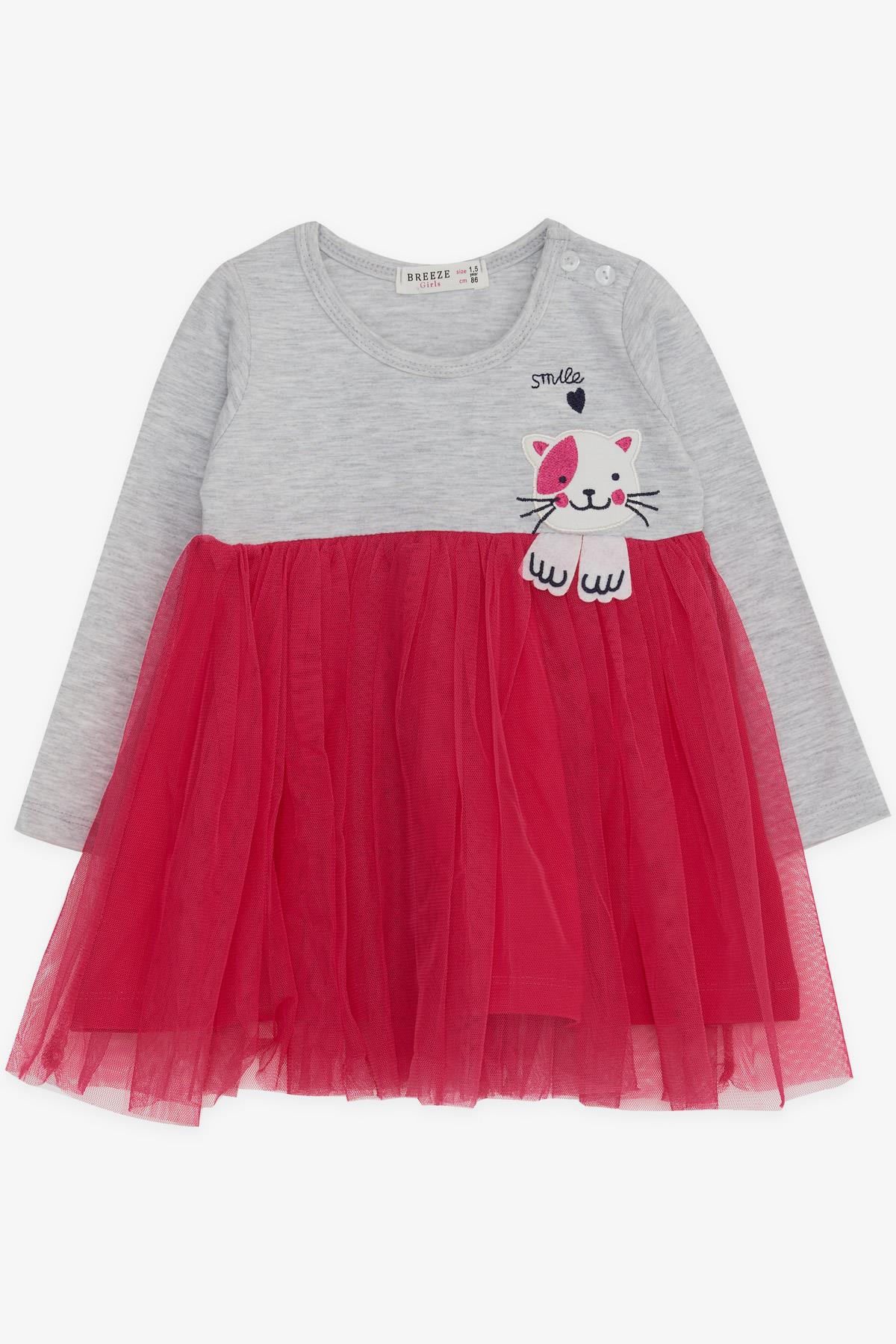 Breeze Kız Çocuk Uzun Kollu Elbise Kedicik Nakışlı Gri Melanj (1.5-5 Yaş)