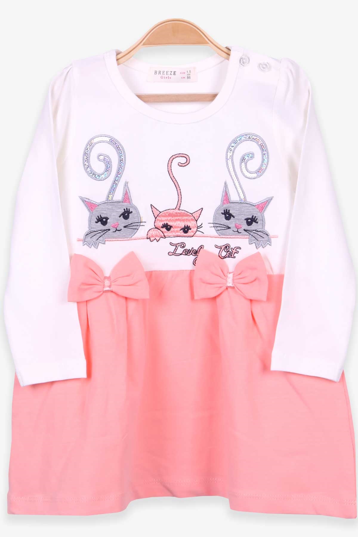 Breeze Kız Çocuk Uzun Kollu Elbise Kedi Nakışlı Ekru (1.5-5 Yaş)