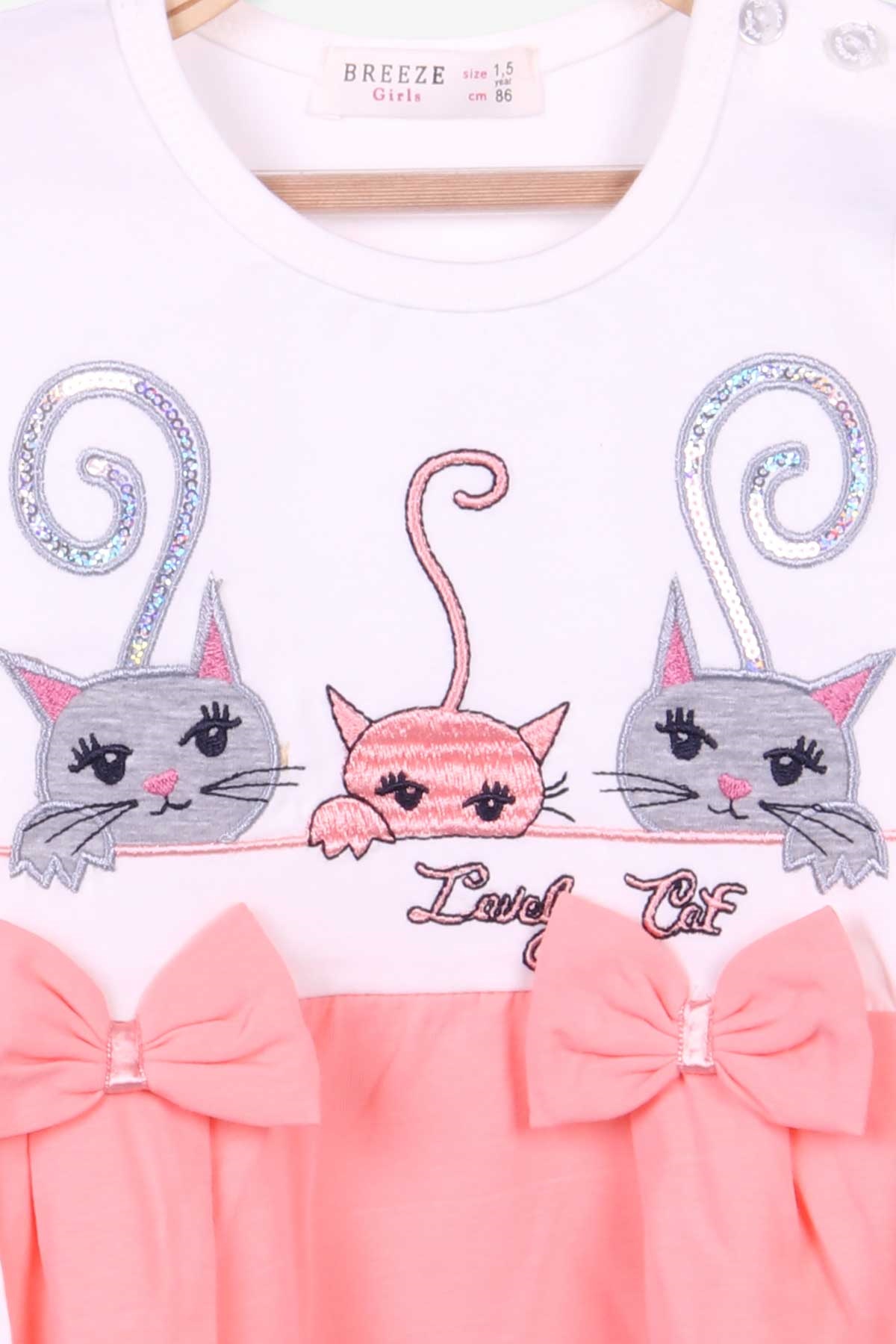 Breeze Kız Çocuk Uzun Kollu Elbise Kedi Nakışlı Ekru (1.5-5 Yaş)