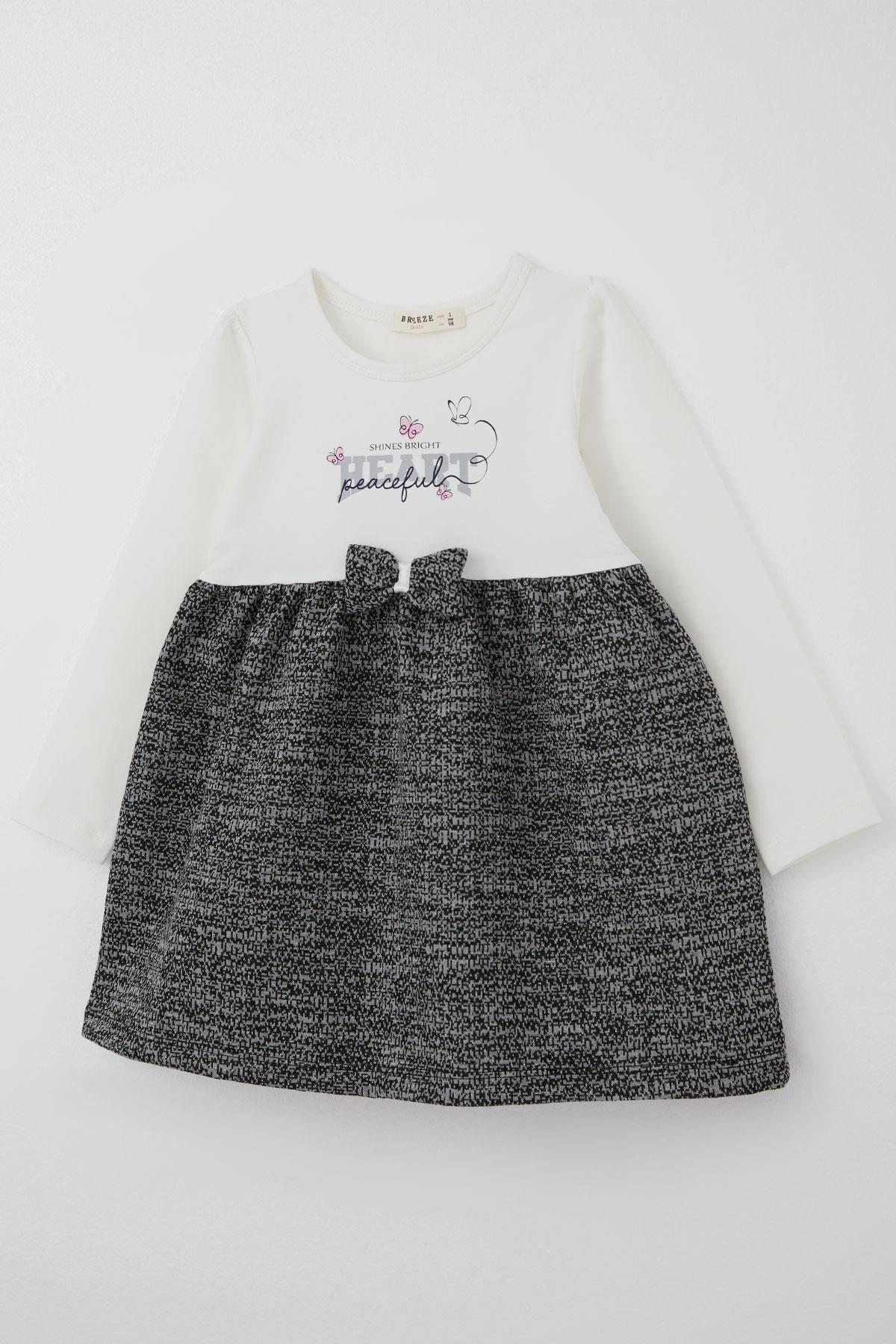 Breeze Kız Çocuk Uzun Kollu Elbise Kelebekli Yazı Baskılı Fiyonk Detaylı Ekru (2-6 Yaş)