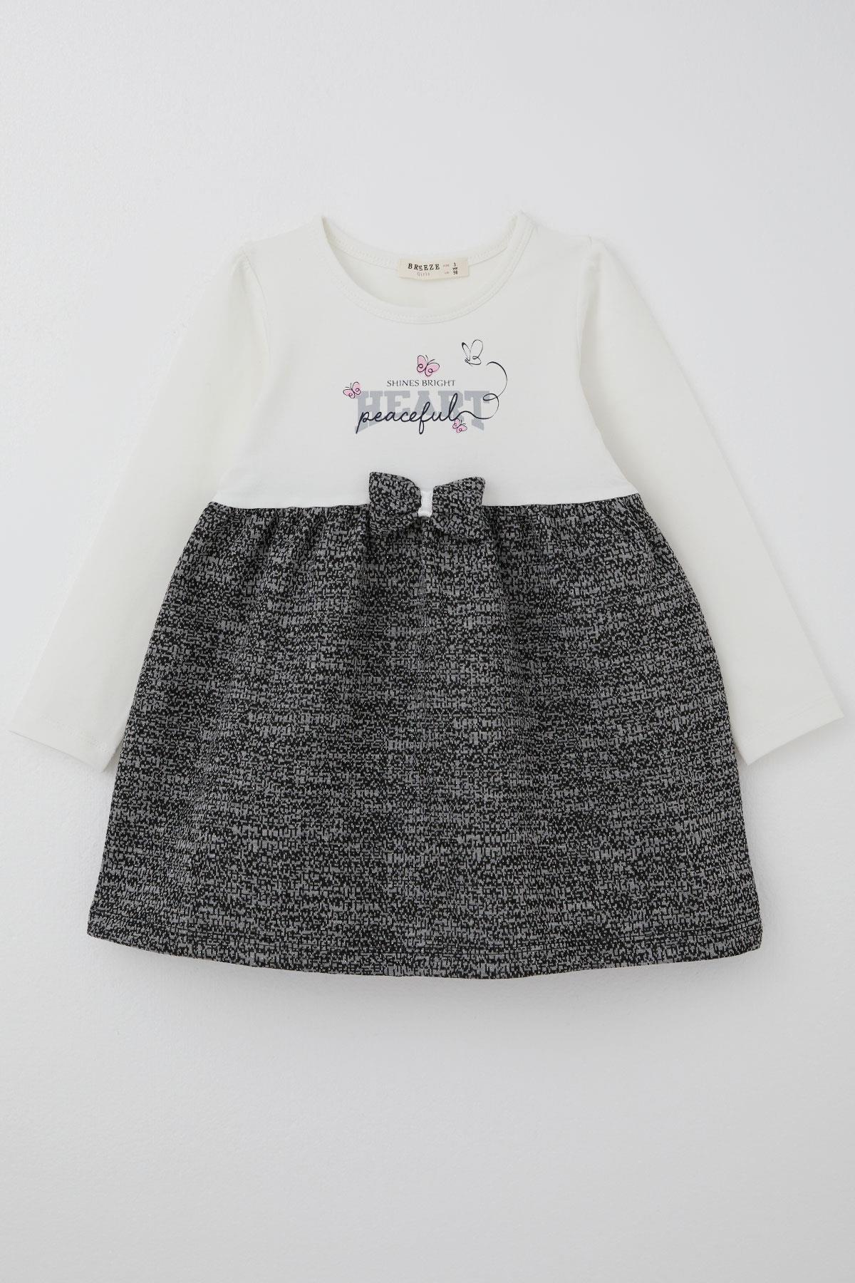 Breeze Kız Çocuk Uzun Kollu Elbise Kelebekli Yazı Baskılı Fiyonk Detaylı Ekru (2-6 Yaş)