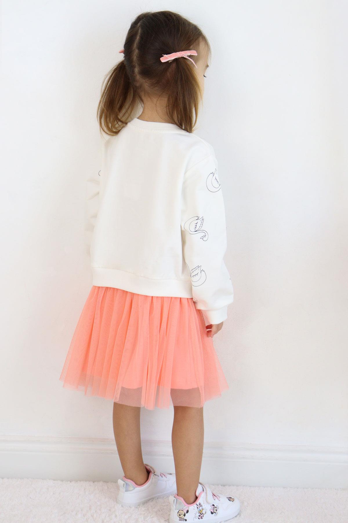 Breeze Kız Çocuk Uzun Kollu Elbise Kuğu Desenli Simli Taç Baskılı Ekru (1.5-3 Yaş)