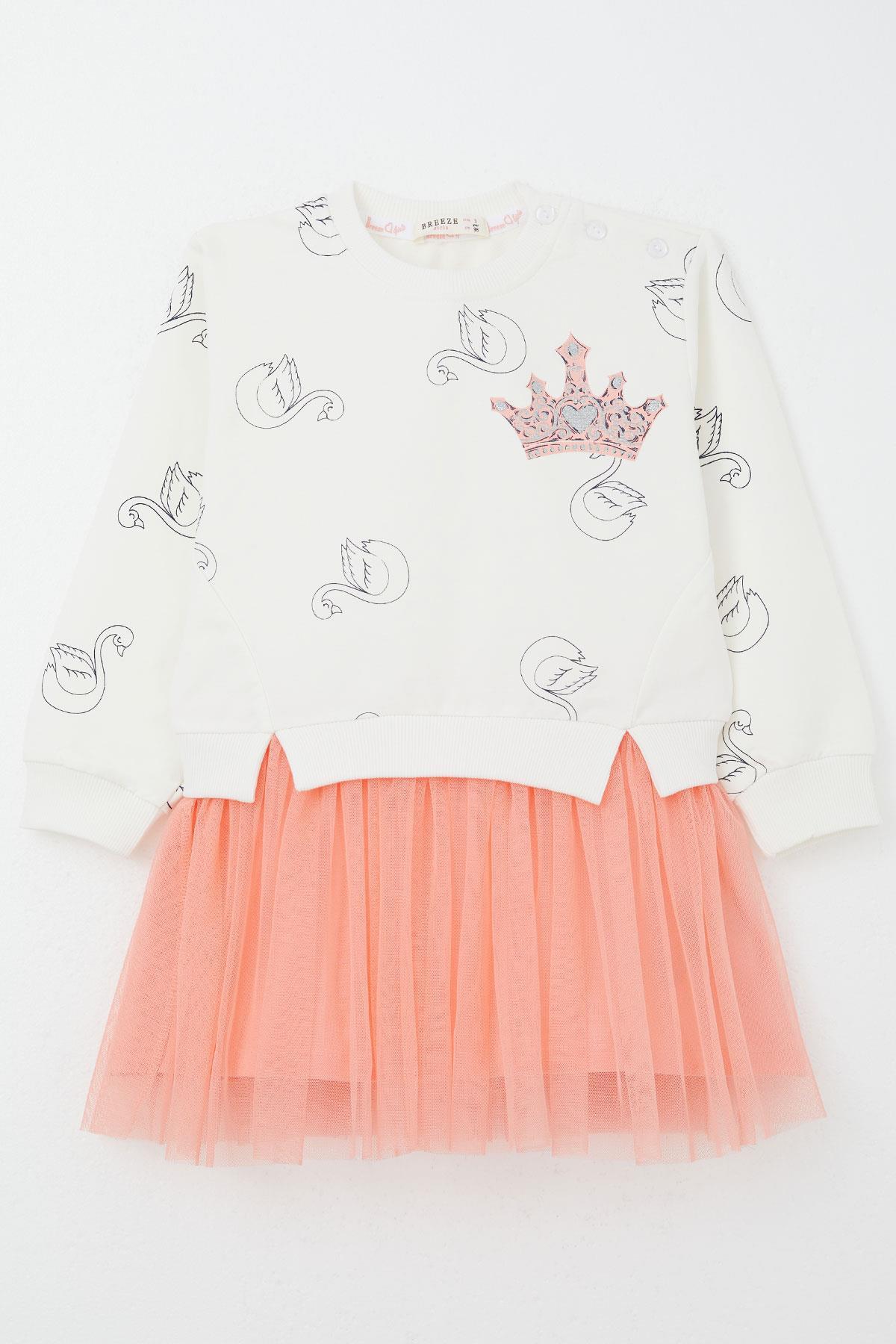 Breeze Kız Çocuk Uzun Kollu Elbise Kuğu Desenli Simli Taç Baskılı Ekru (1.5-3 Yaş)