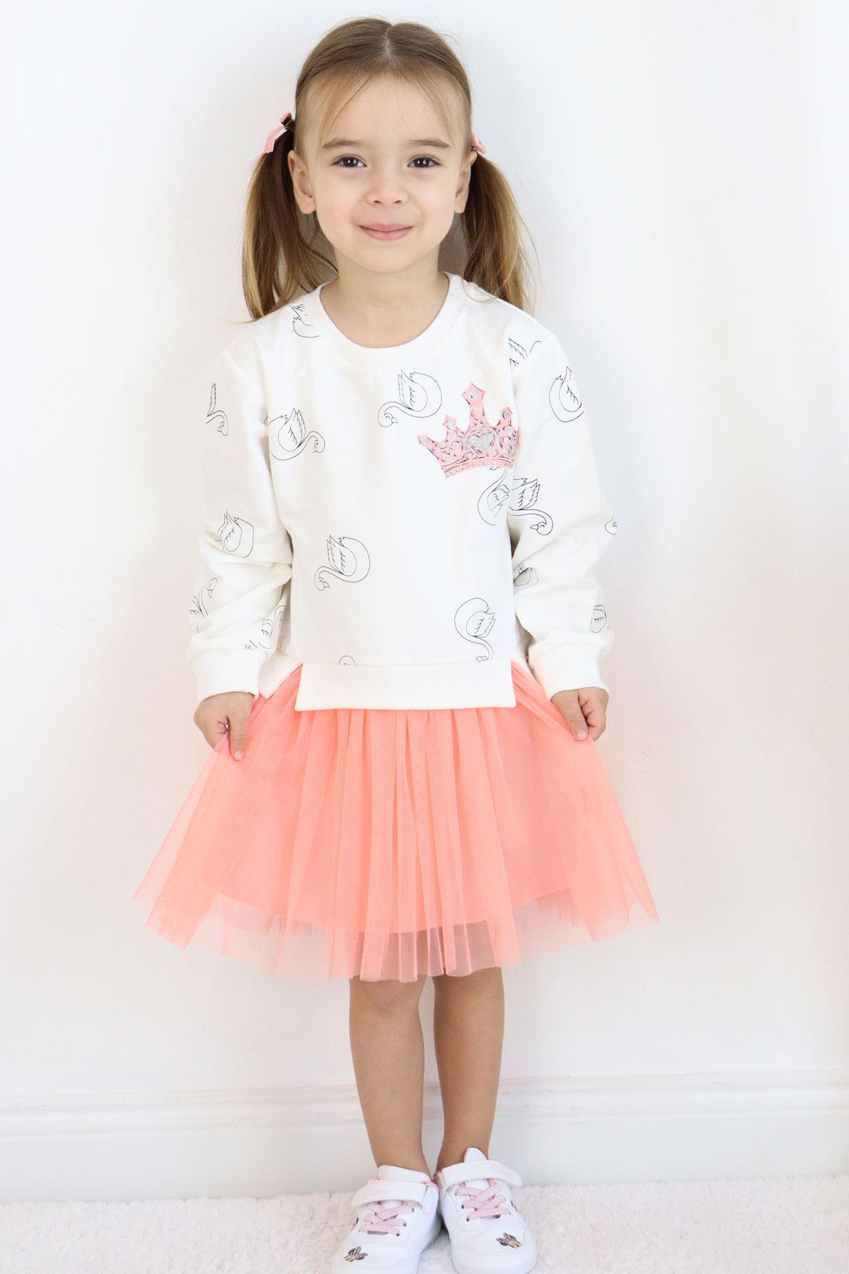 Breeze Kız Çocuk Uzun Kollu Elbise Kuğu Desenli Simli Taç Baskılı Ekru (1.5-3 Yaş)