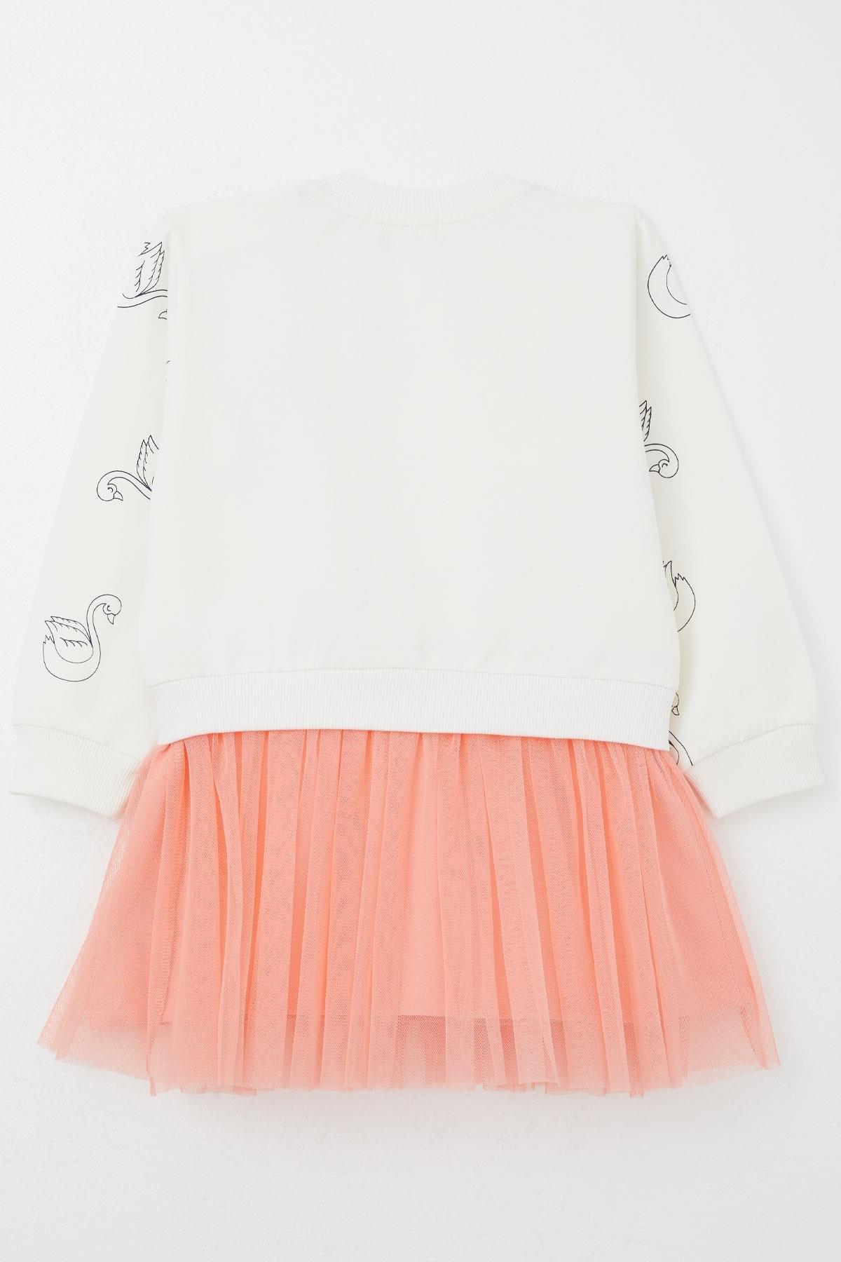 Breeze Kız Çocuk Uzun Kollu Elbise Kuğu Desenli Simli Taç Baskılı Ekru (1.5-3 Yaş)