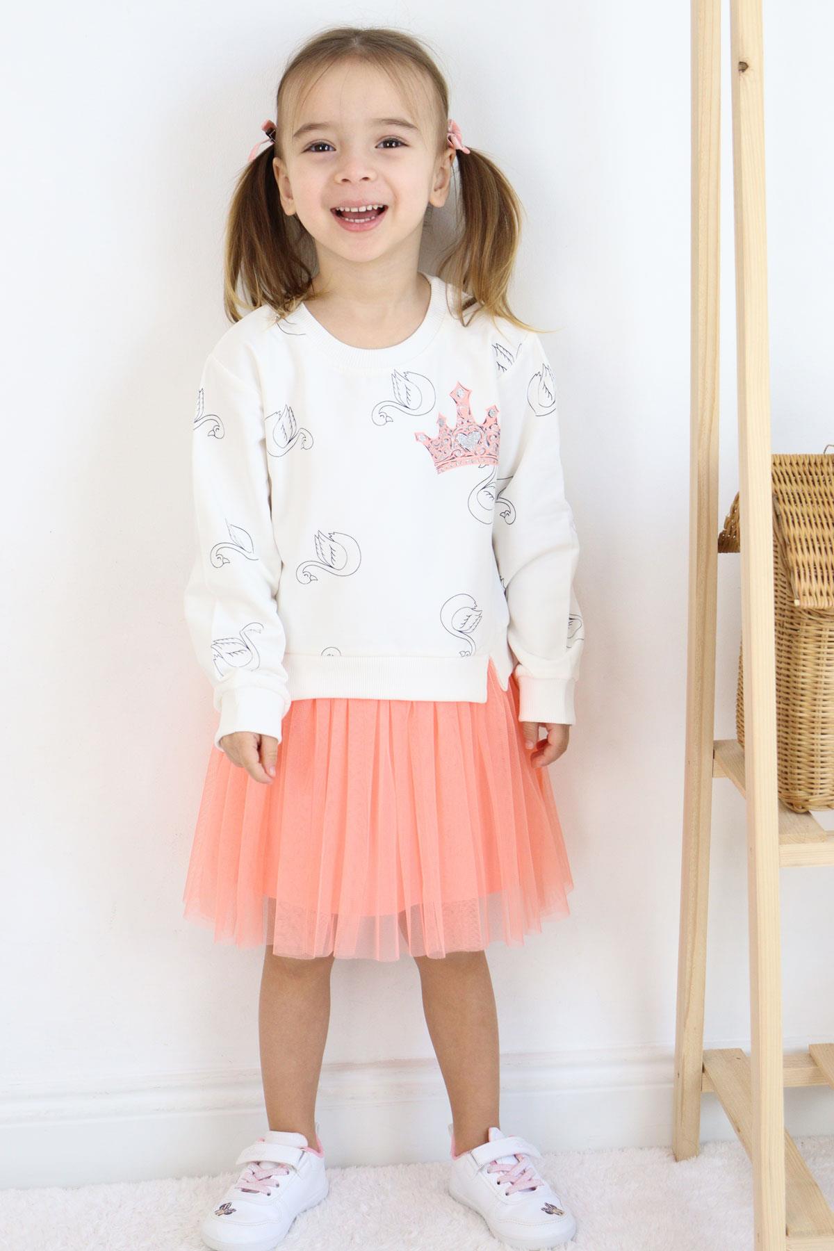 Breeze Kız Çocuk Uzun Kollu Elbise Kuğu Desenli Simli Taç Baskılı Ekru (1.5-3 Yaş)