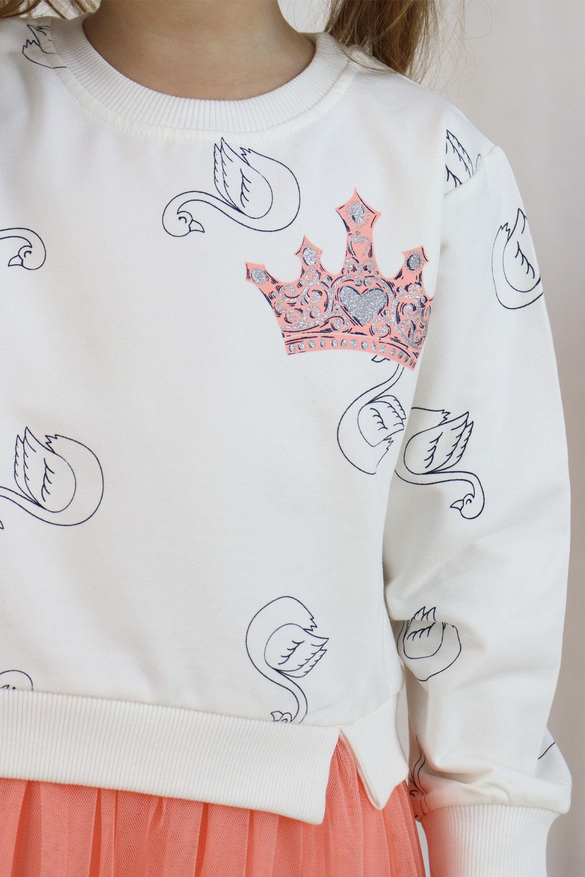 Breeze Kız Çocuk Uzun Kollu Elbise Kuğu Desenli Simli Taç Baskılı Ekru (1.5-3 Yaş)