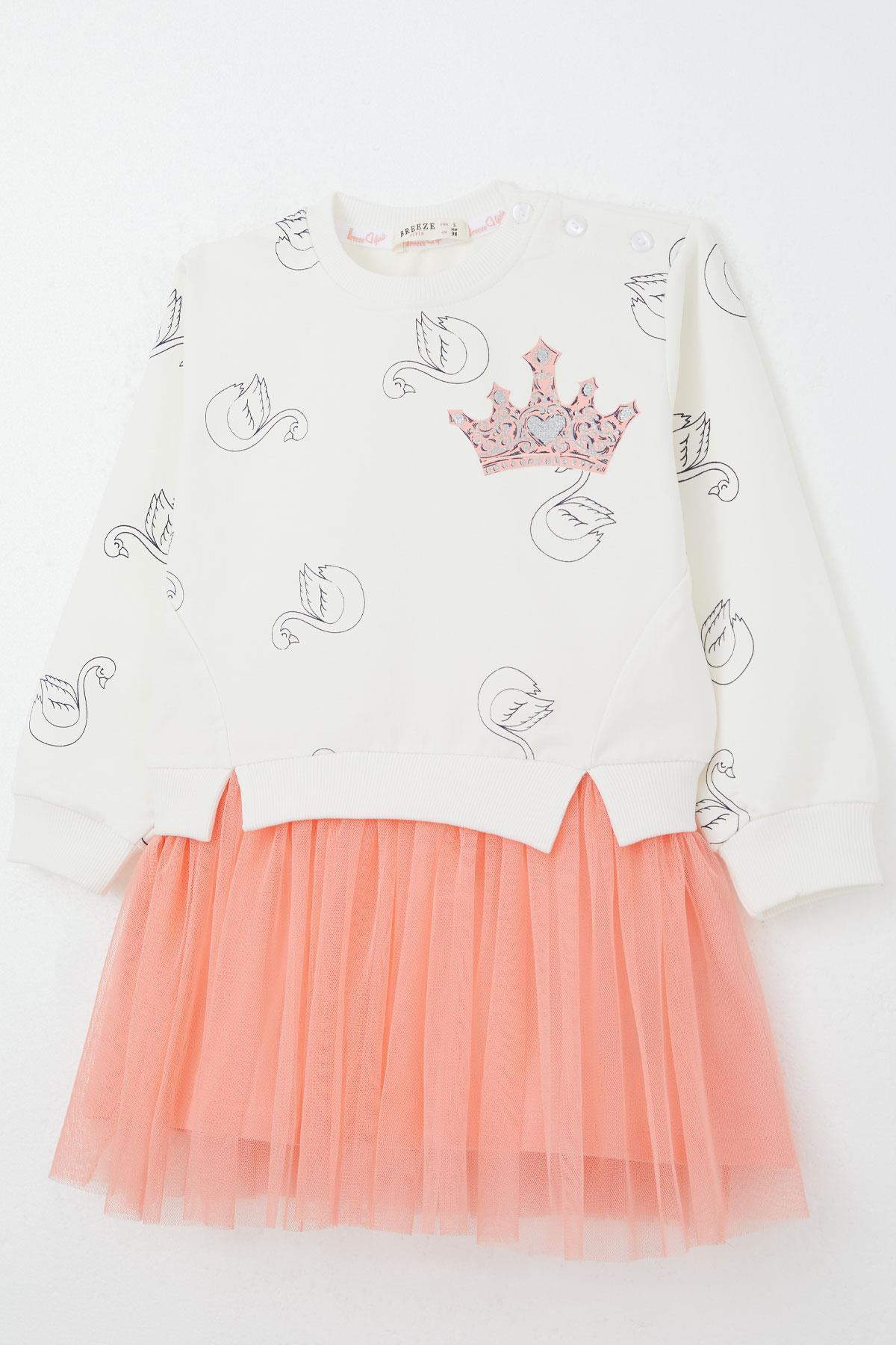 Breeze Kız Çocuk Uzun Kollu Elbise Kuğu Desenli Simli Taç Baskılı Ekru (1.5-3 Yaş)