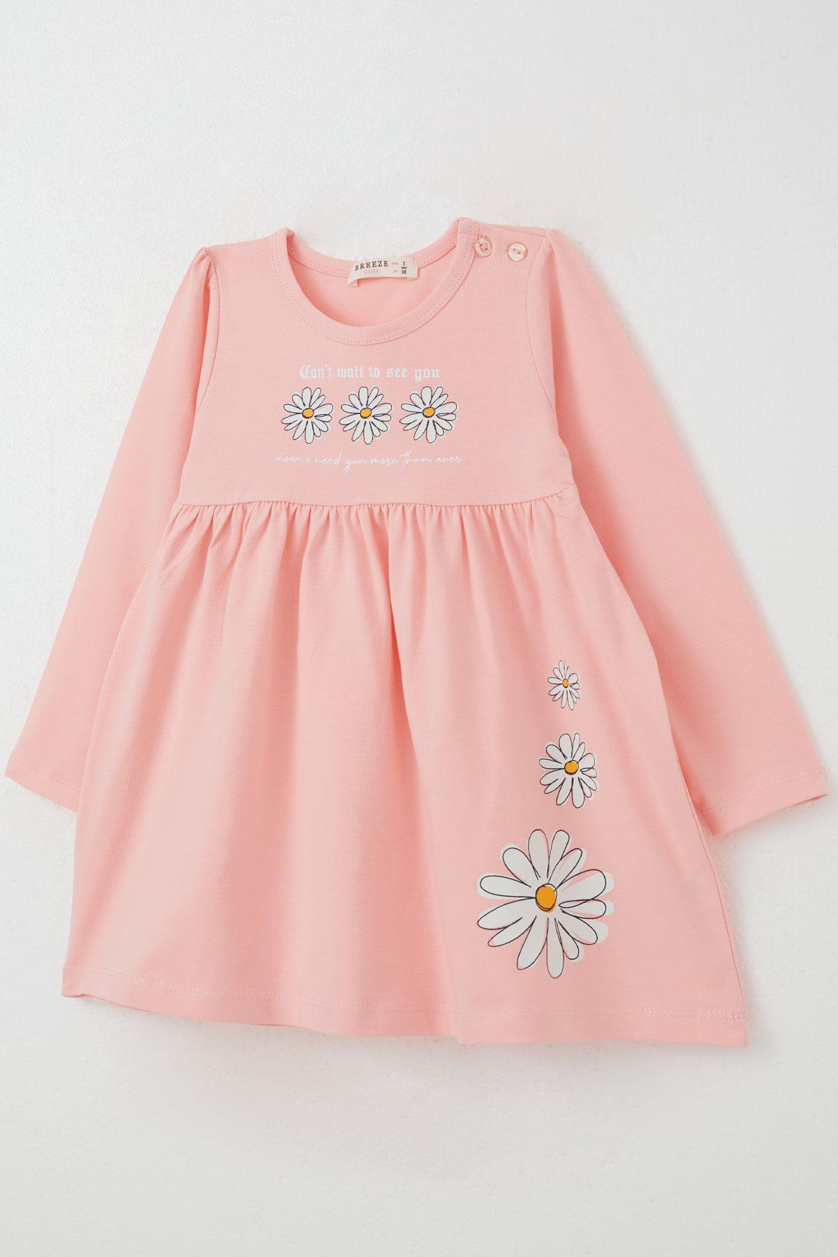 Breeze Kız Çocuk Uzun Kollu Elbise Papatya Baskılı Pembe (2-6 Yaş)