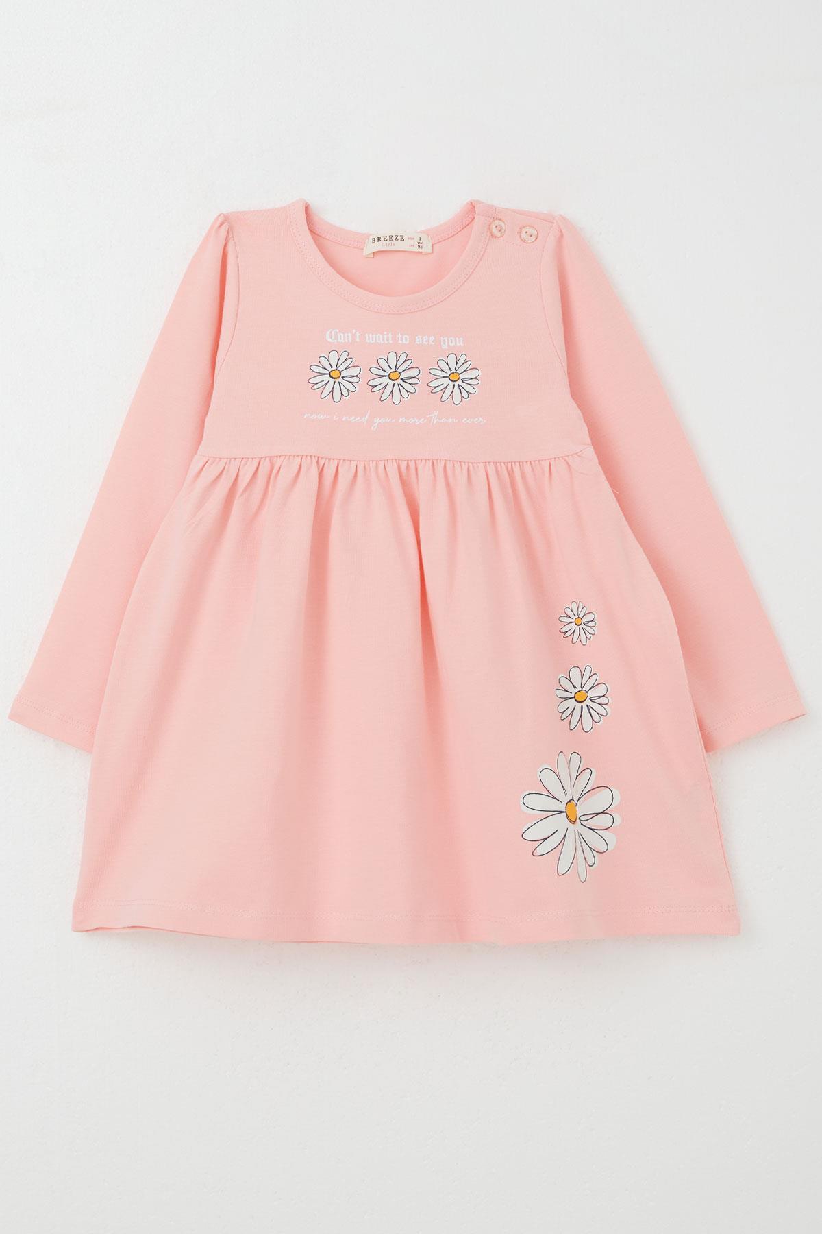 Breeze Kız Çocuk Uzun Kollu Elbise Papatya Baskılı Pembe (2-6 Yaş)